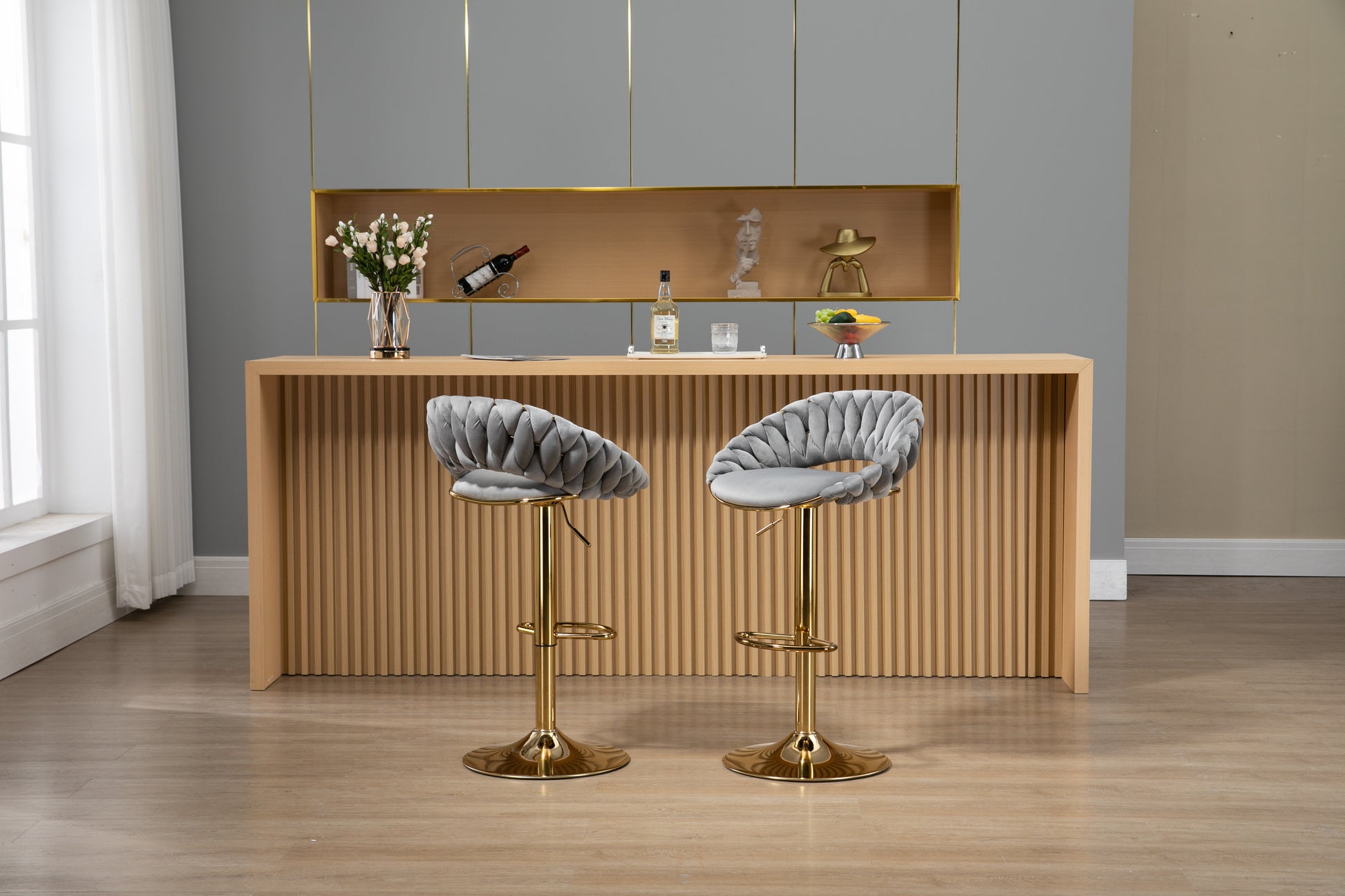 Coolmore Swivel Bar Stools Set Of 2 Adjustable Counter Height Chairs With Footrest For Kitchen, Dining Room 2Pc Set Gray Polyester