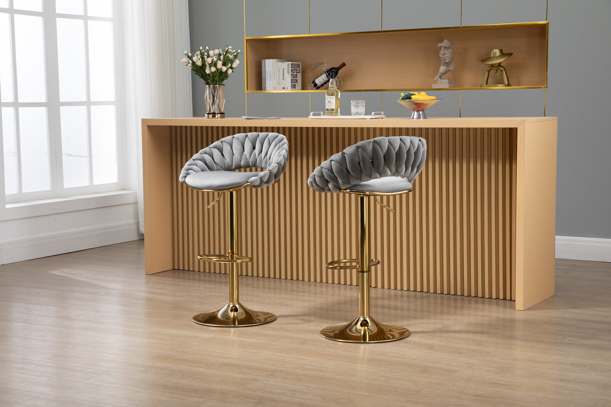 Coolmore Swivel Bar Stools Set Of 2 Adjustable Counter Height Chairs With Footrest For Kitchen, Dining Room 2Pc Set Gray Polyester