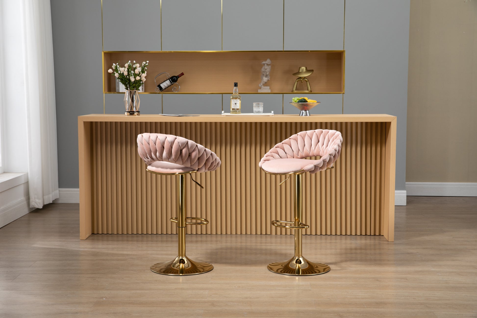 Coolmore Swivel Bar Stools Set Of 2 Adjustable Counter Height Chairs With Footrest For Kitchen, Dining Room 2Pc Set Pink Polyester