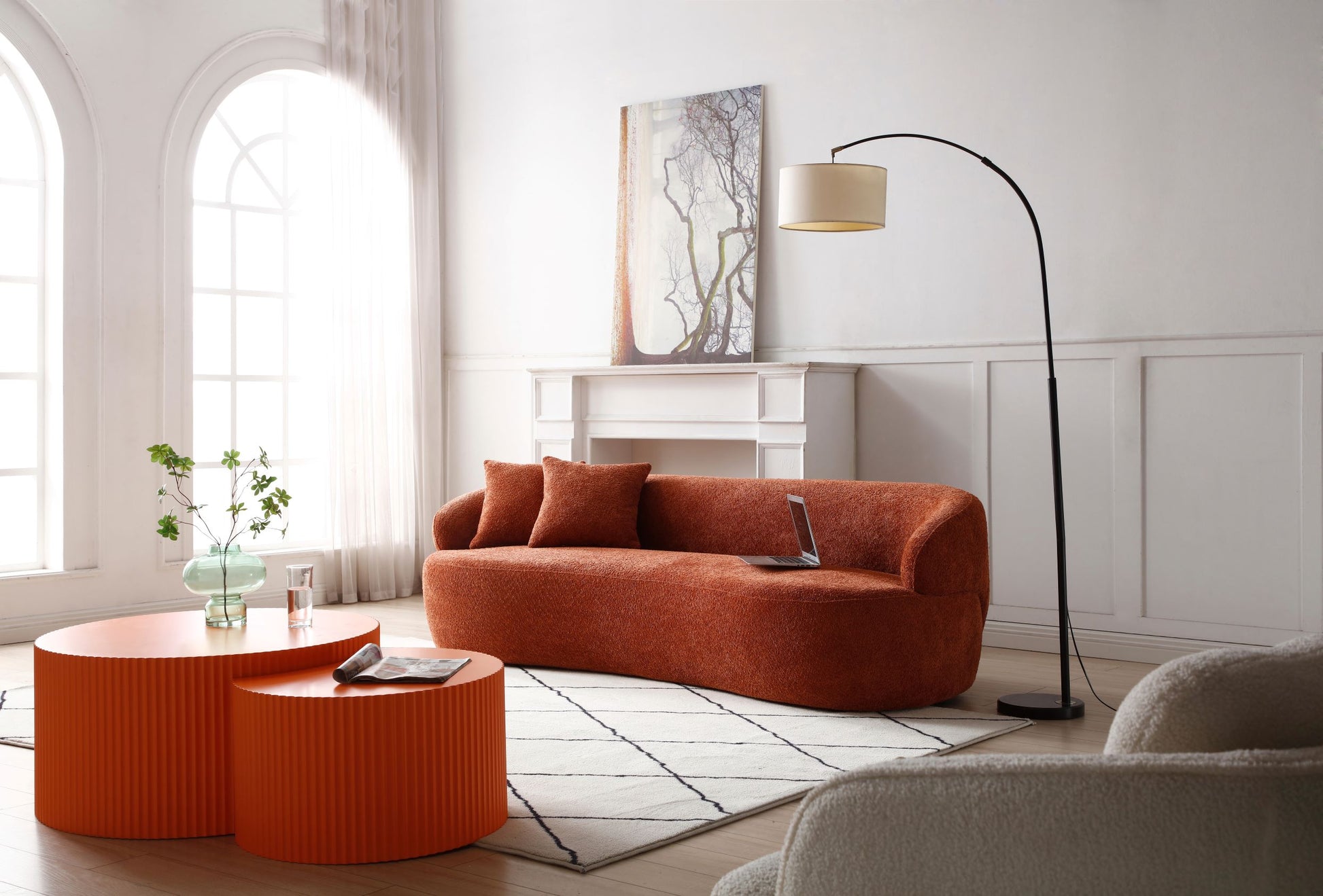 Not Available On Orange Mid Century Modern Curved Sofa, 3 Seat Cloud Couch Boucle Sofa Fabric Couch For Living Room, Bedroom, Office Orange Boucle 3 Seat