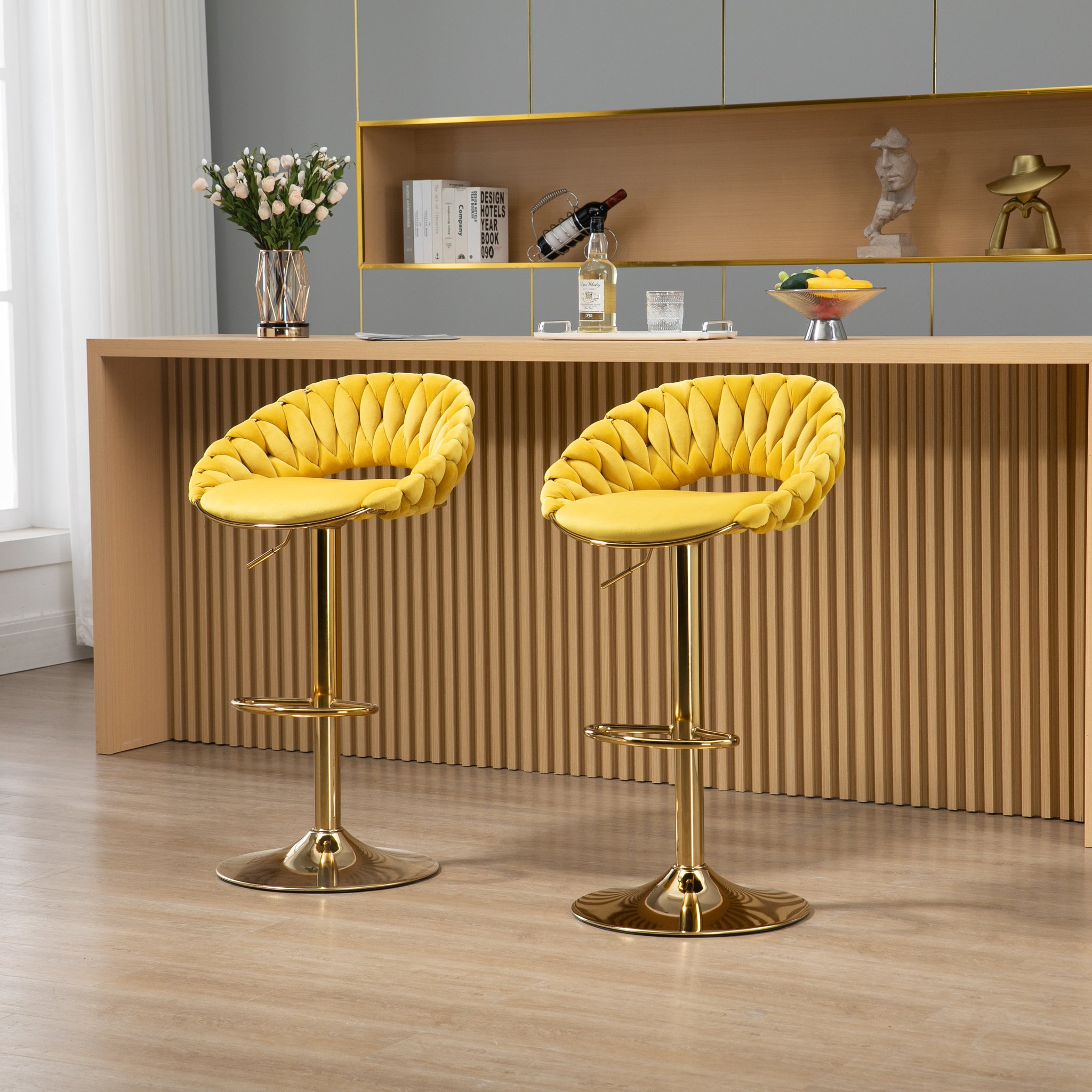 Coolmore Swivel Bar Stools Set Of 2 Adjustable Counter Height Chairs With Footrest For Kitchen, Dining Room 2Pc Set Mustard Yellow Polyester