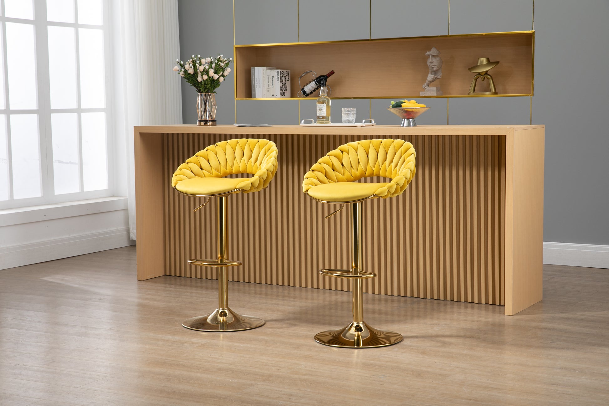 Coolmore Swivel Bar Stools Set Of 2 Adjustable Counter Height Chairs With Footrest For Kitchen, Dining Room 2Pc Set Mustard Yellow Polyester