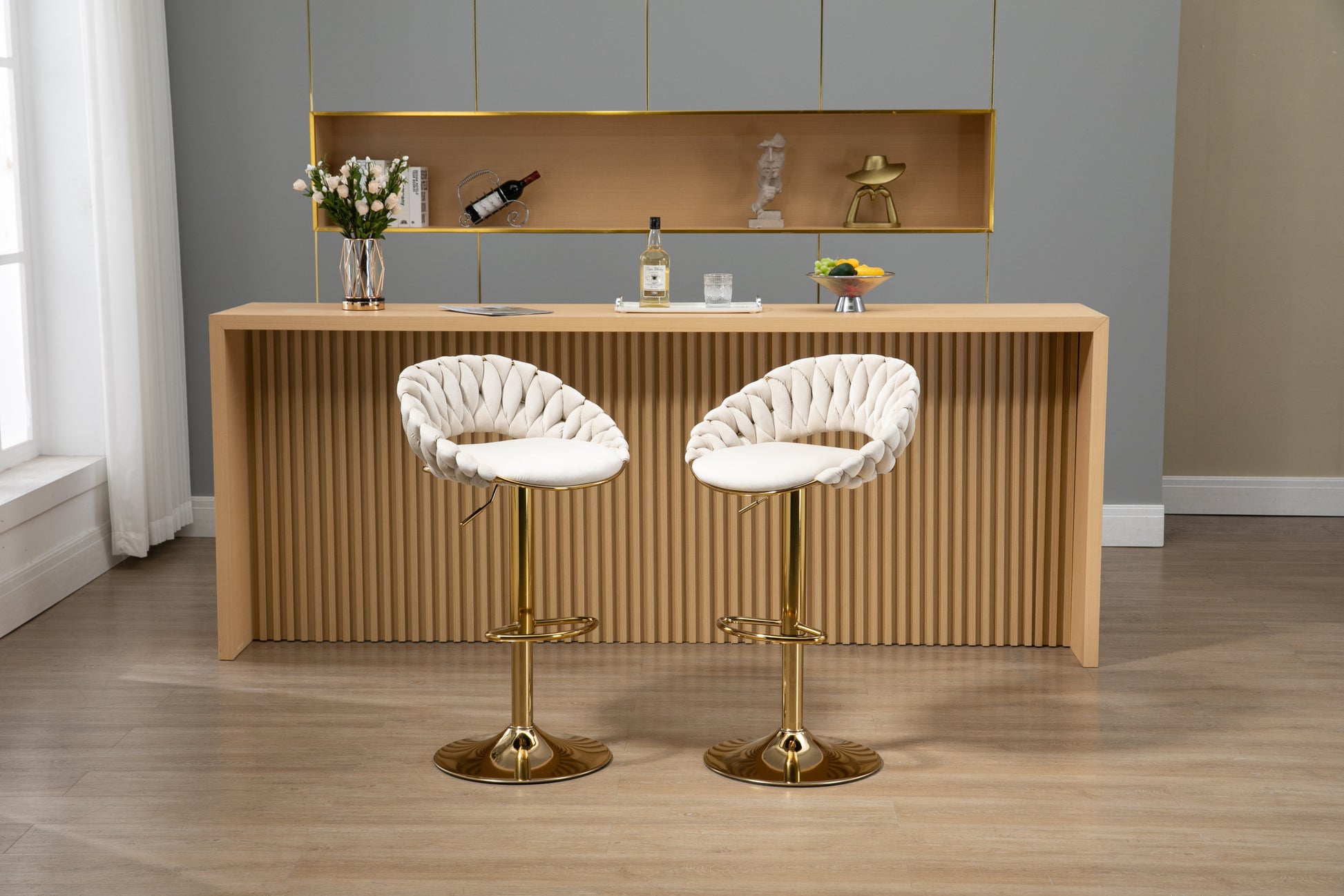 Coolmore Swivel Bar Stools Set Of 2 Adjustable Counter Height Chairs With Footrest For Kitchen, Dining Room 2Pc Set Ivory Polyester