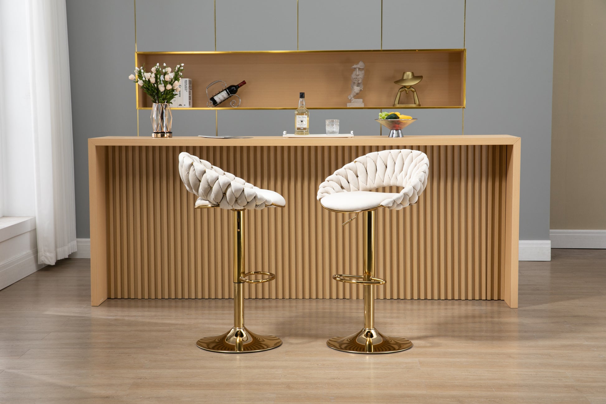 Coolmore Swivel Bar Stools Set Of 2 Adjustable Counter Height Chairs With Footrest For Kitchen, Dining Room 2Pc Set Ivory Polyester