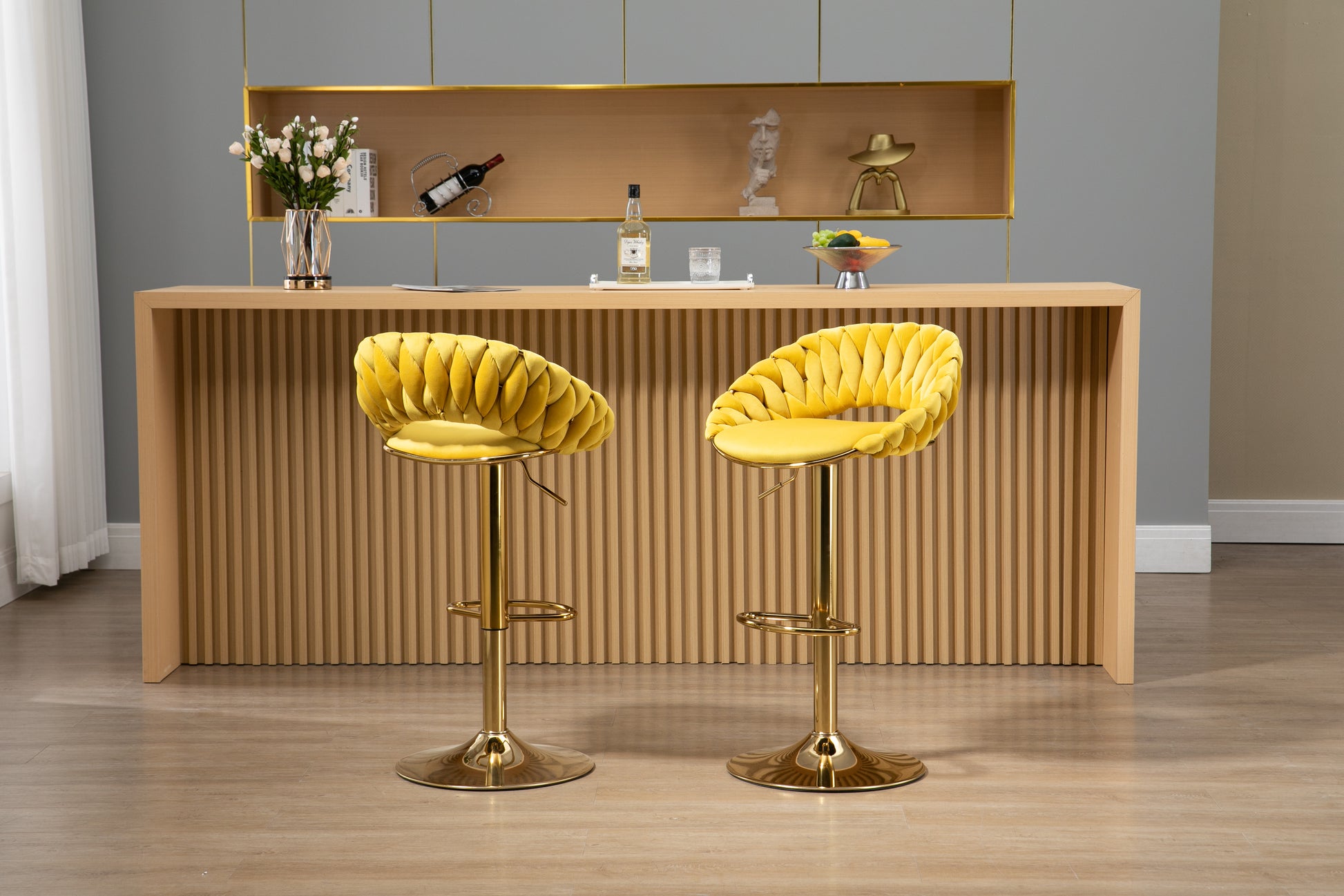 Coolmore Swivel Bar Stools Set Of 2 Adjustable Counter Height Chairs With Footrest For Kitchen, Dining Room 2Pc Set Mustard Yellow Polyester