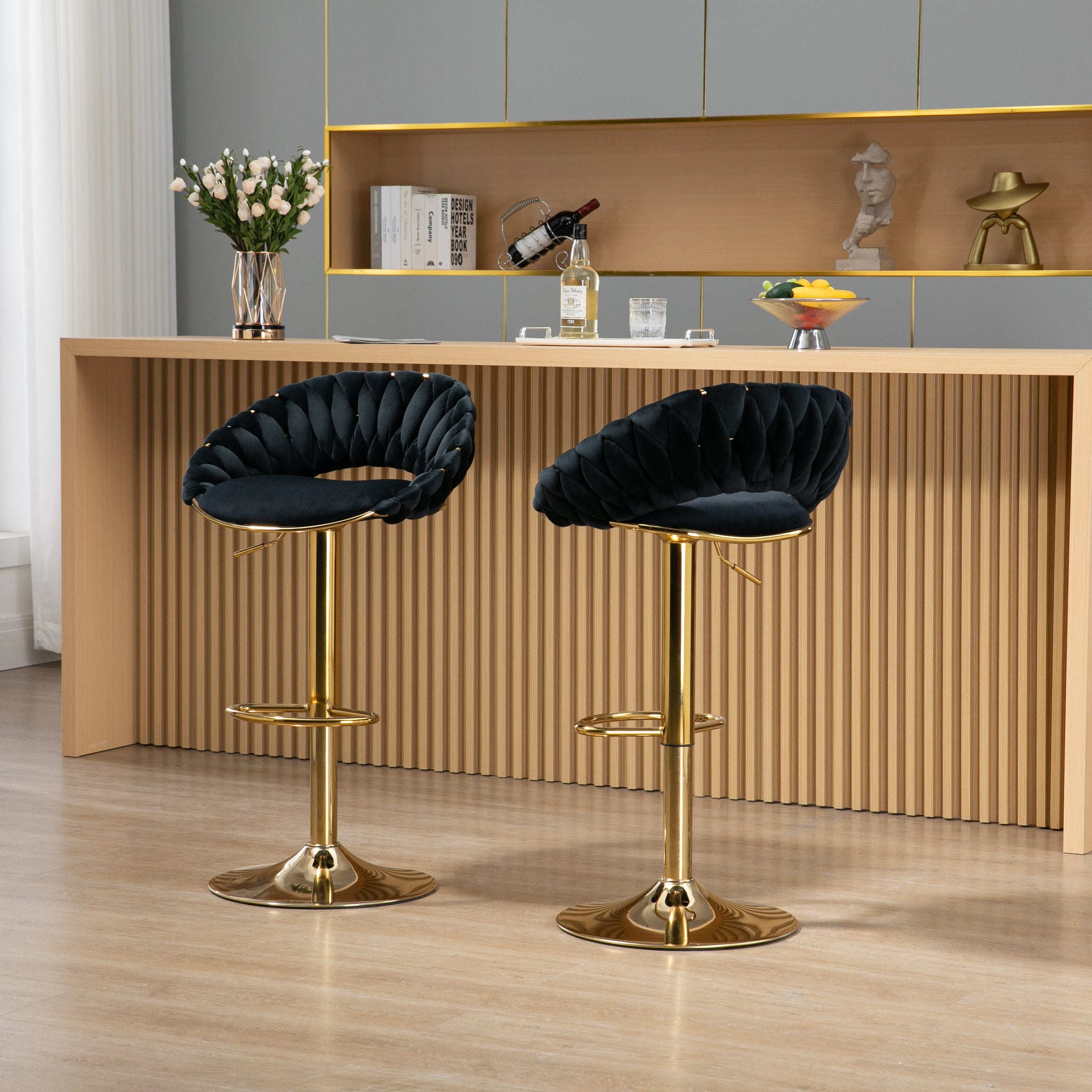 Coolmore Swivel Bar Stools Set Of 2 Adjustable Counter Height Chairs With Footrest For Kitchen, Dining Room 2Pc Set Black Polyester