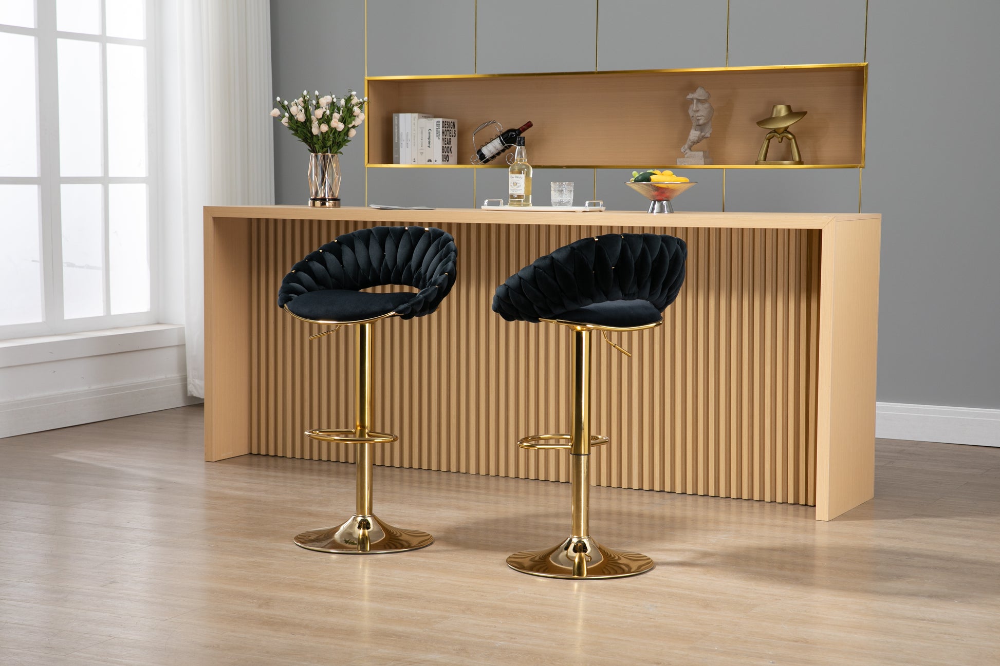 Coolmore Swivel Bar Stools Set Of 2 Adjustable Counter Height Chairs With Footrest For Kitchen, Dining Room 2Pc Set Black Polyester