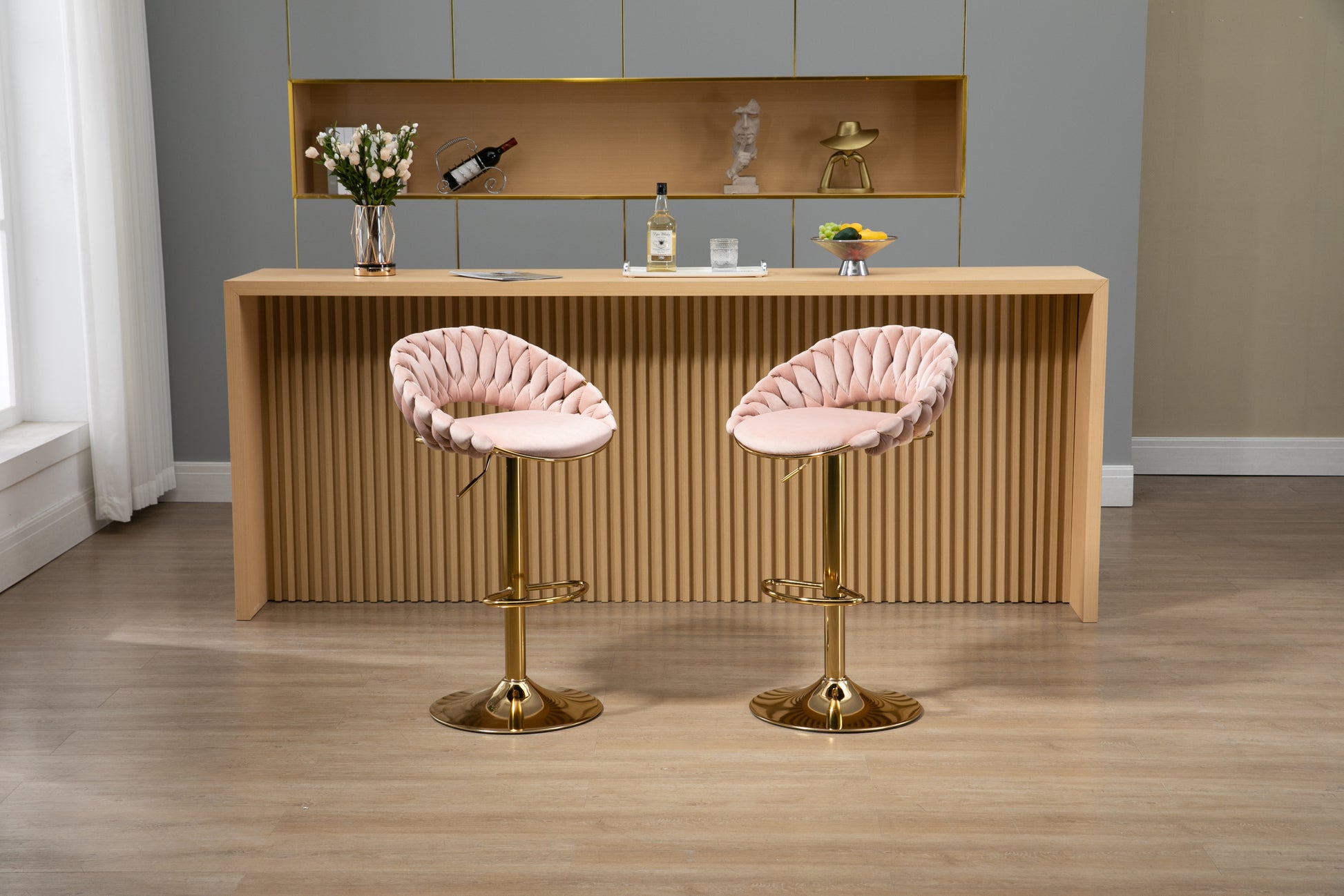 Coolmore Swivel Bar Stools Set Of 2 Adjustable Counter Height Chairs With Footrest For Kitchen, Dining Room 2Pc Set Pink Polyester