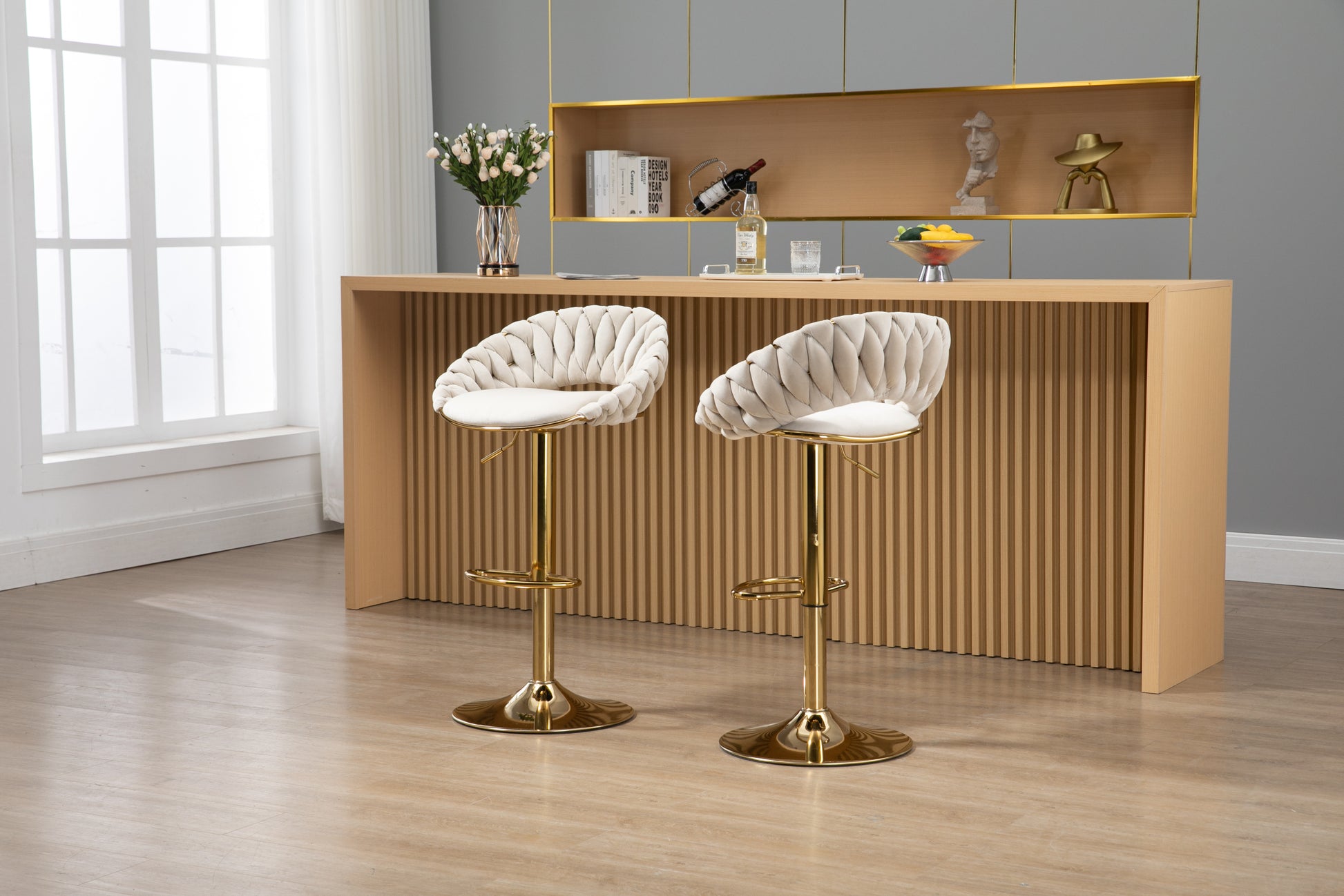 Coolmore Swivel Bar Stools Set Of 2 Adjustable Counter Height Chairs With Footrest For Kitchen, Dining Room 2Pc Set Ivory Polyester