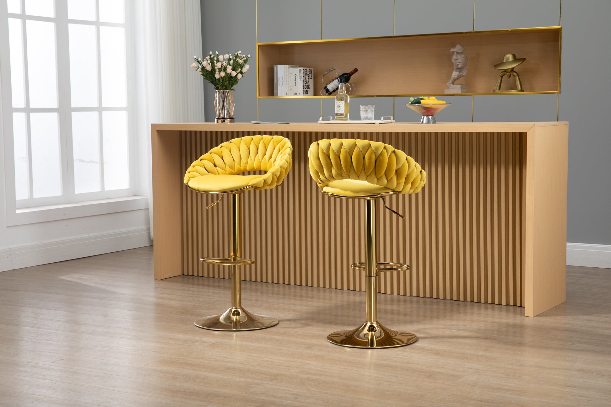 Coolmore Swivel Bar Stools Set Of 2 Adjustable Counter Height Chairs With Footrest For Kitchen, Dining Room 2Pc Set Mustard Yellow Polyester