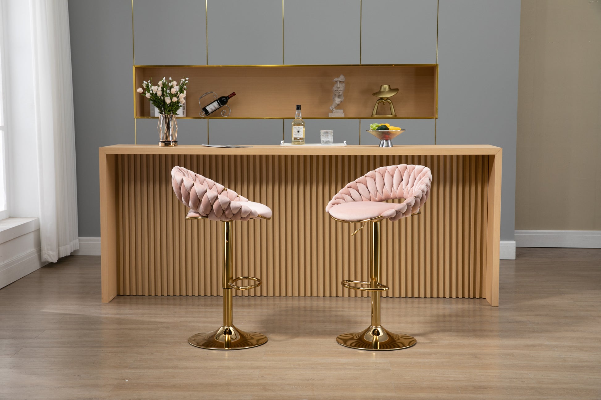 Coolmore Swivel Bar Stools Set Of 2 Adjustable Counter Height Chairs With Footrest For Kitchen, Dining Room 2Pc Set Pink Polyester