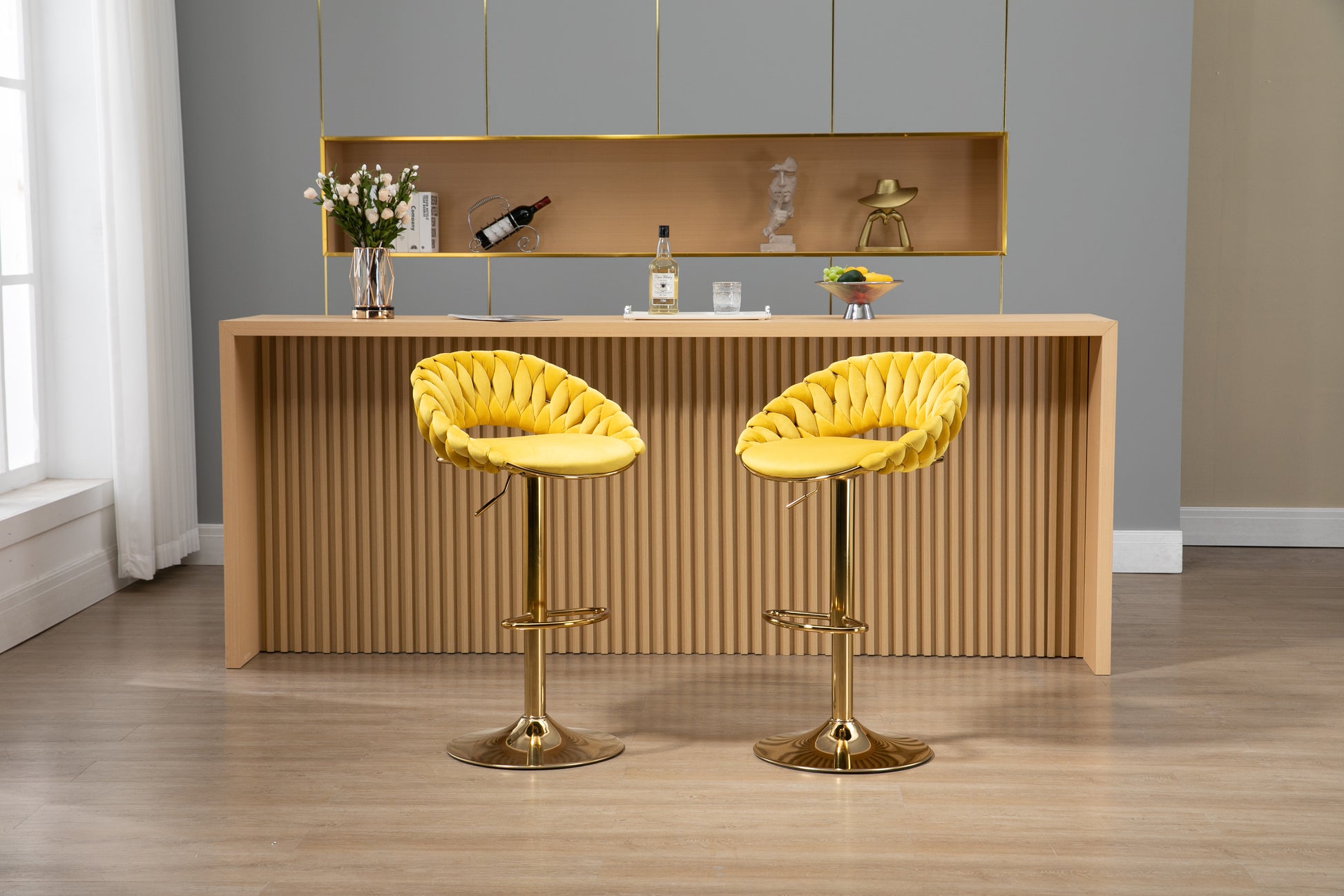 Coolmore Swivel Bar Stools Set Of 2 Adjustable Counter Height Chairs With Footrest For Kitchen, Dining Room 2Pc Set Mustard Yellow Polyester