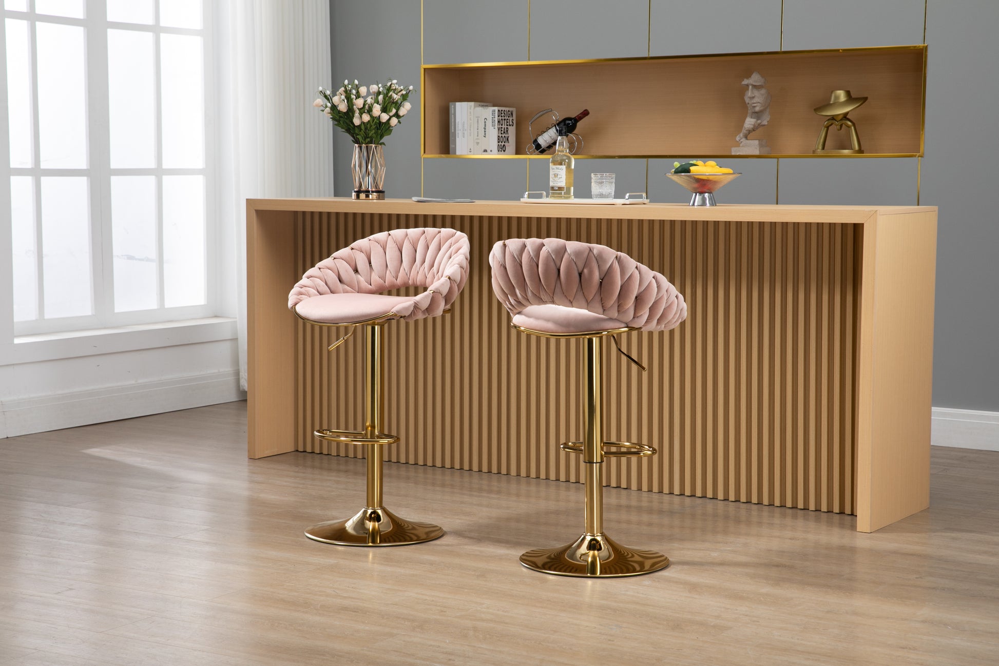 Coolmore Swivel Bar Stools Set Of 2 Adjustable Counter Height Chairs With Footrest For Kitchen, Dining Room 2Pc Set Pink Polyester