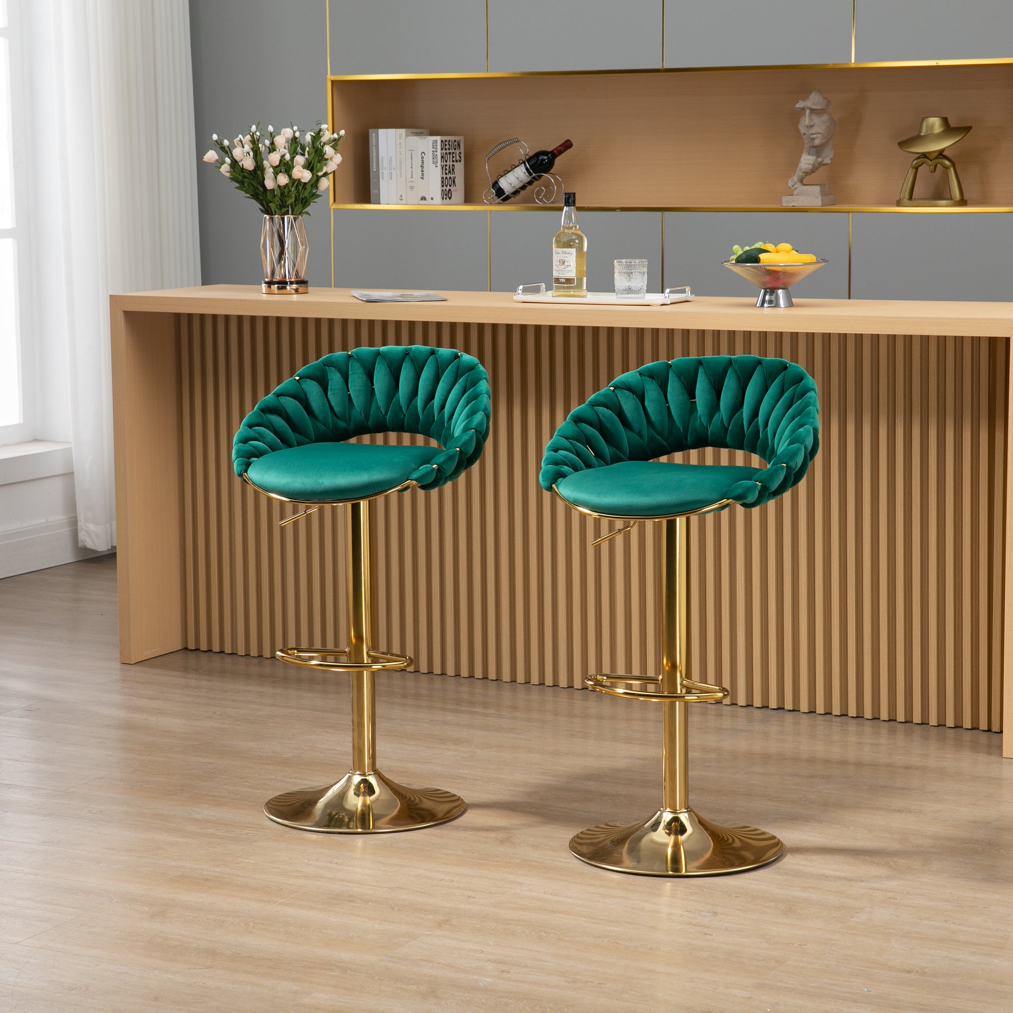 Coolmore Swivel Bar Stools Set Of 2 Adjustable Counter Height Chairs With Footrest For Kitchen, Dining Room 2Pc Set Emerald Polyester