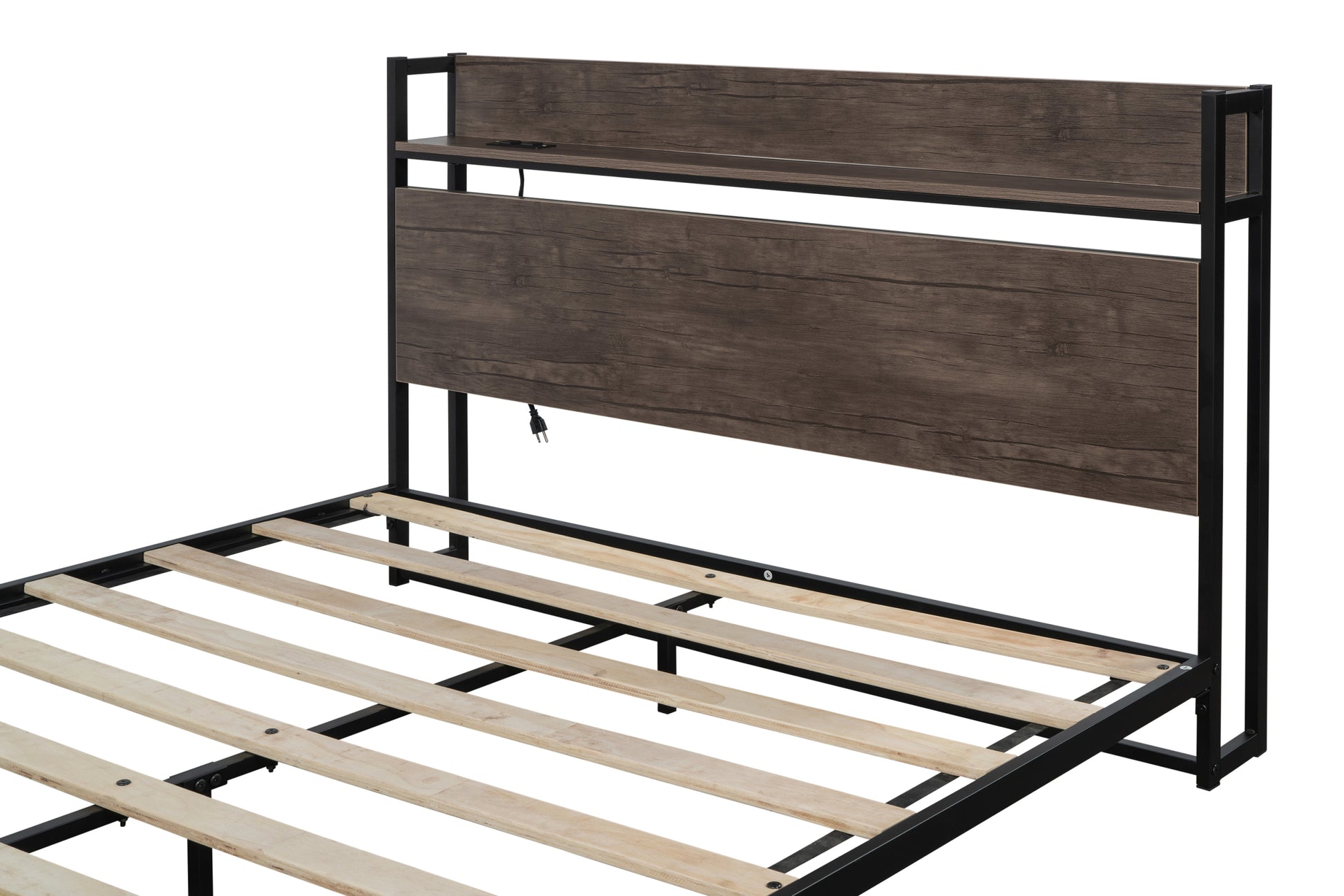 Platform Queen Bed With Socket, Fast Assemble Design Black Steel