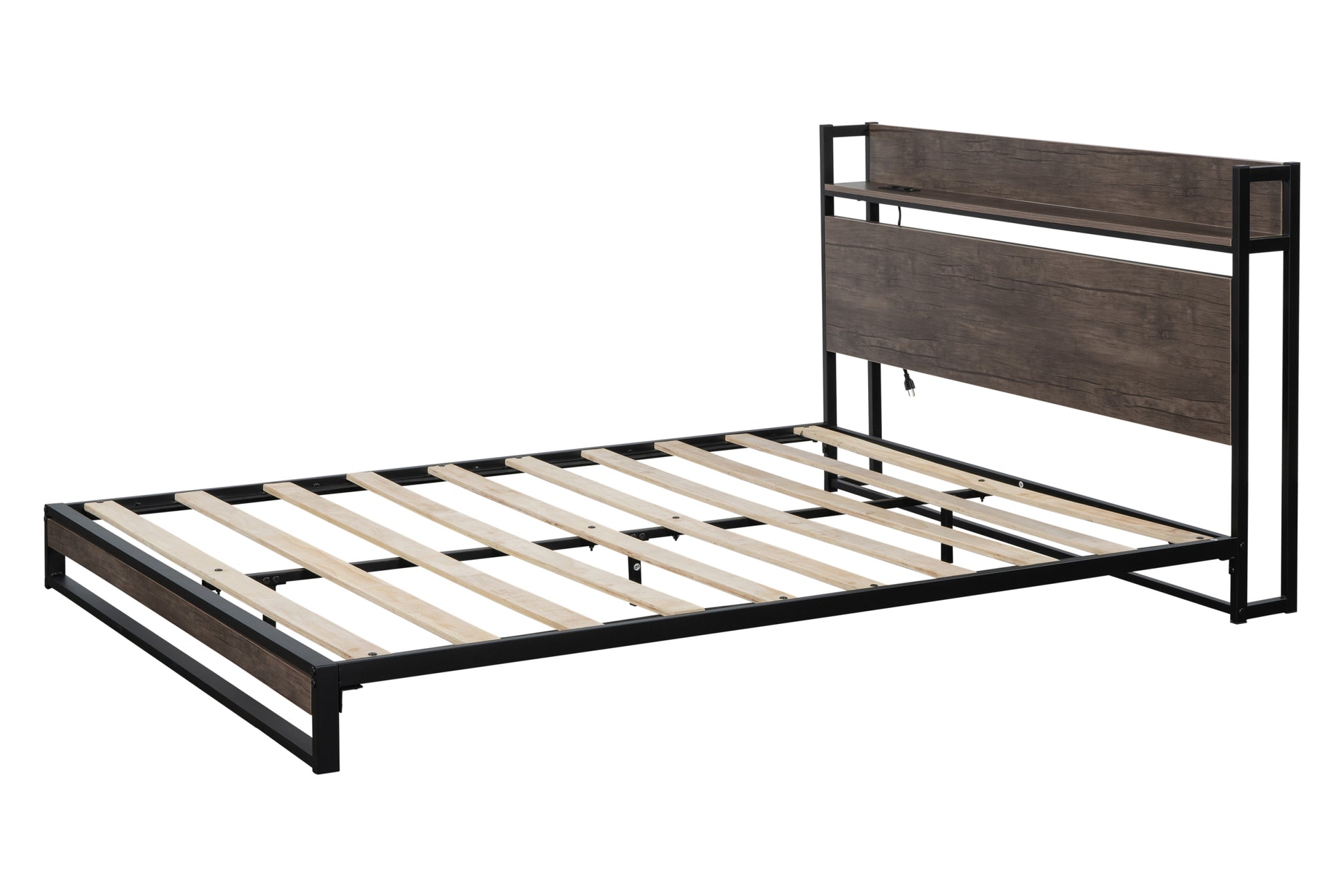 Platform Queen Bed With Socket, Fast Assemble Design Black Steel