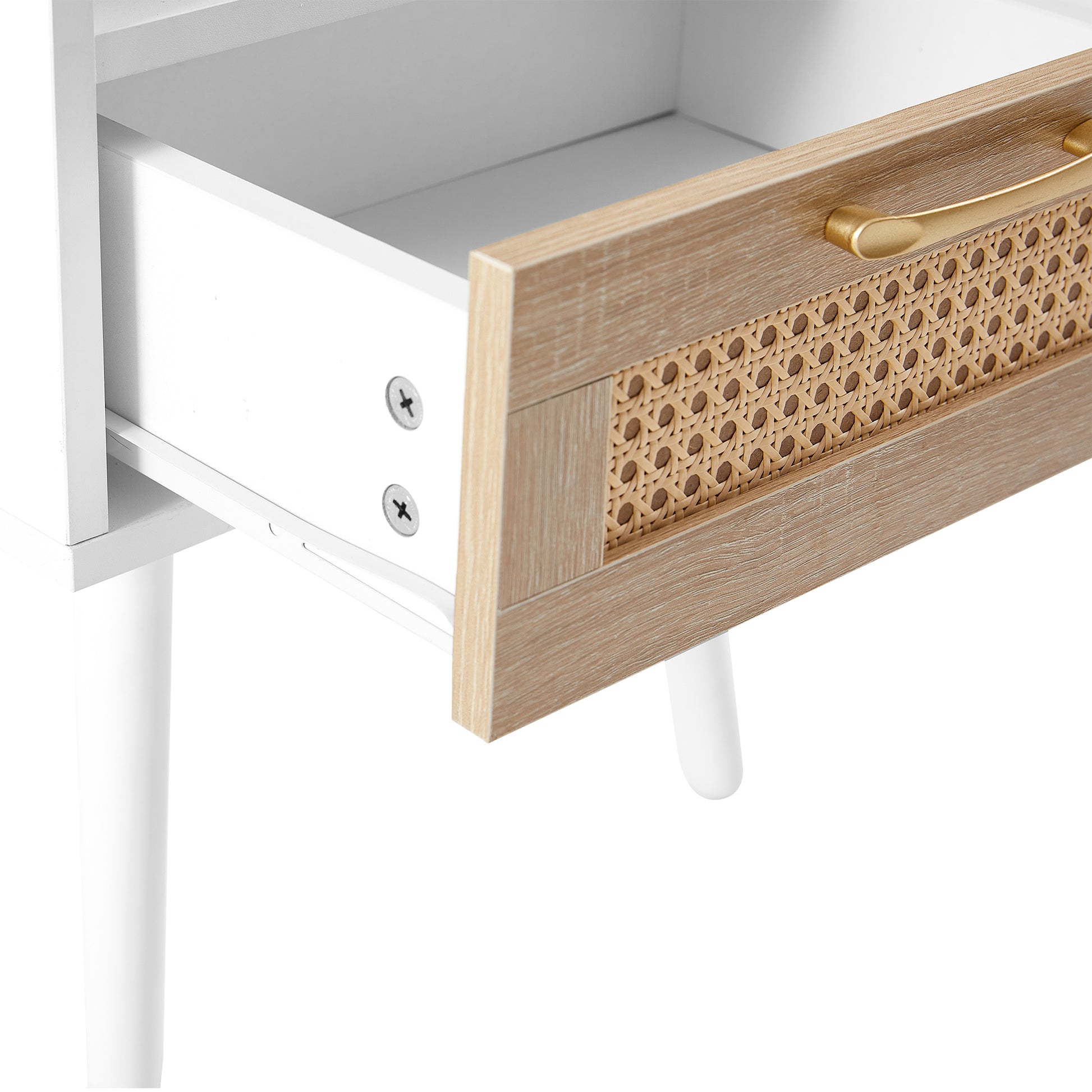 15.75" Rattan End Table With Power Outlet & Usb Portsmodern Nightstand With Drawer And Solid Wood Legs, Side Table For Living Room, Bedroom, White White Solid Wood Mdf