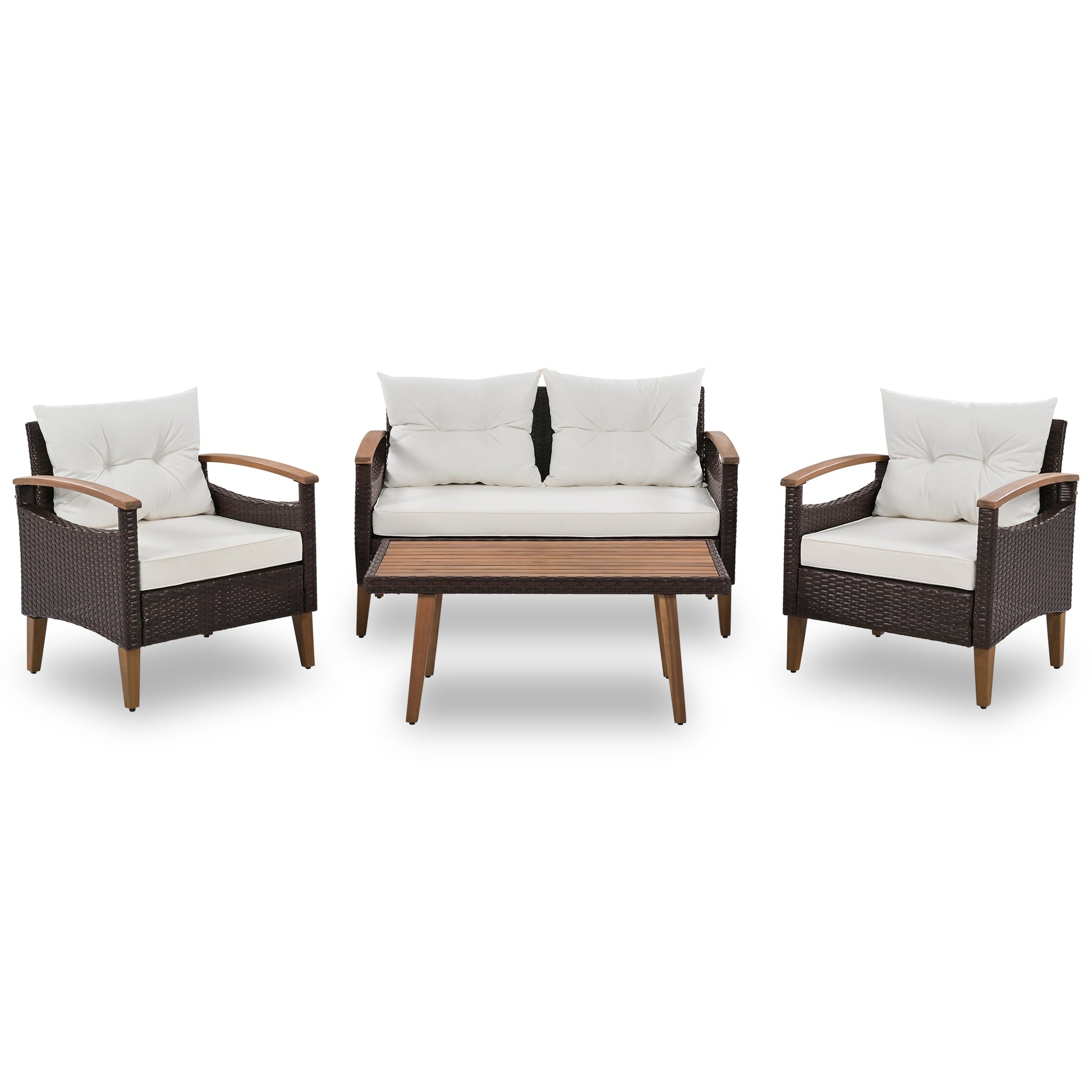 4 Piece Garden Furniture, Patio Seating Set, Pe Rattan Outdoor Sofa Set, Wood Table And Legs, Brown And Beige Yes Beige Polyurethane Foam Polyester,Wicker
