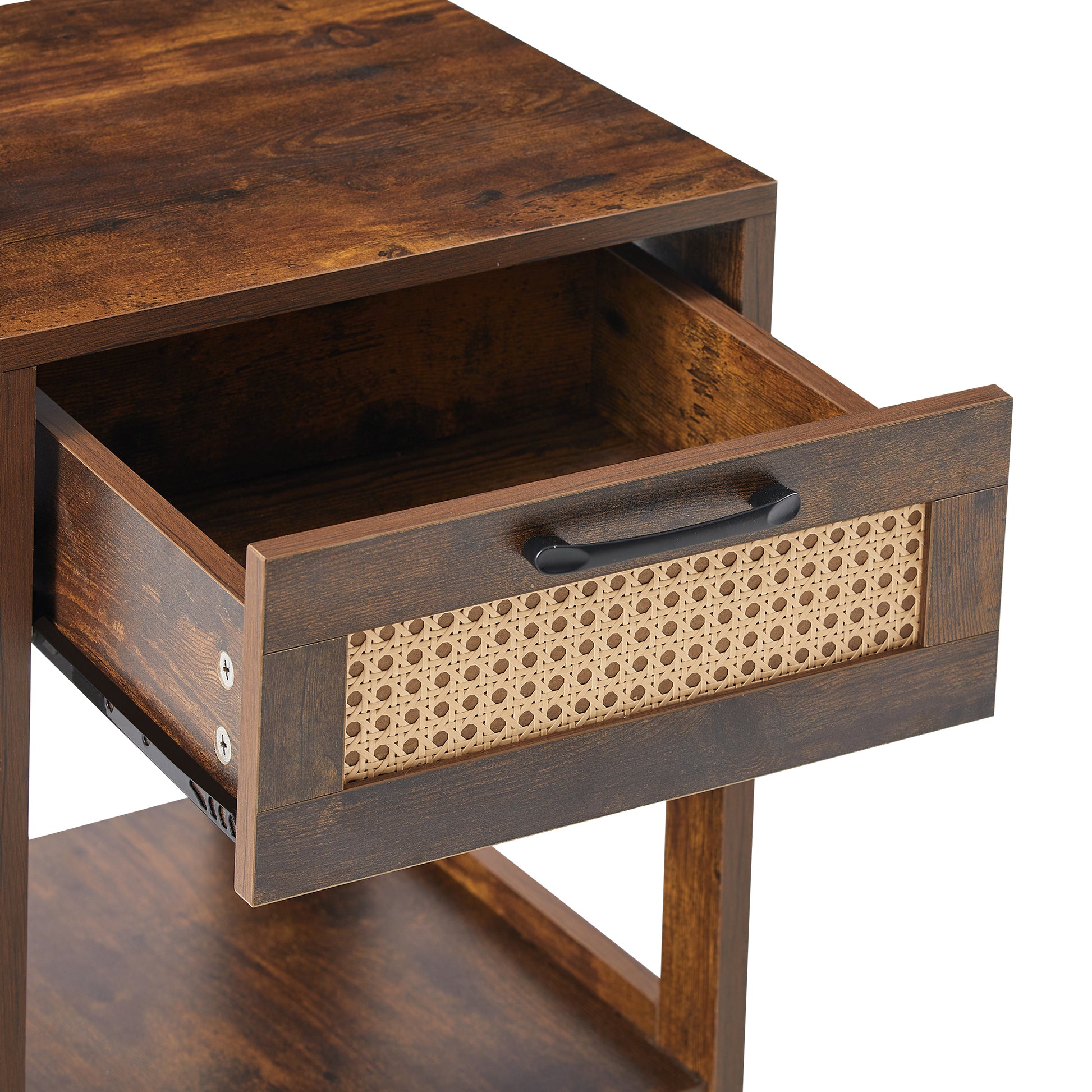 15.75" Rattan End Table With Drawer, Modern Nightstand, Side Table For Living Room, Bedroom,Rustic Brown Rustic Brown Mdf