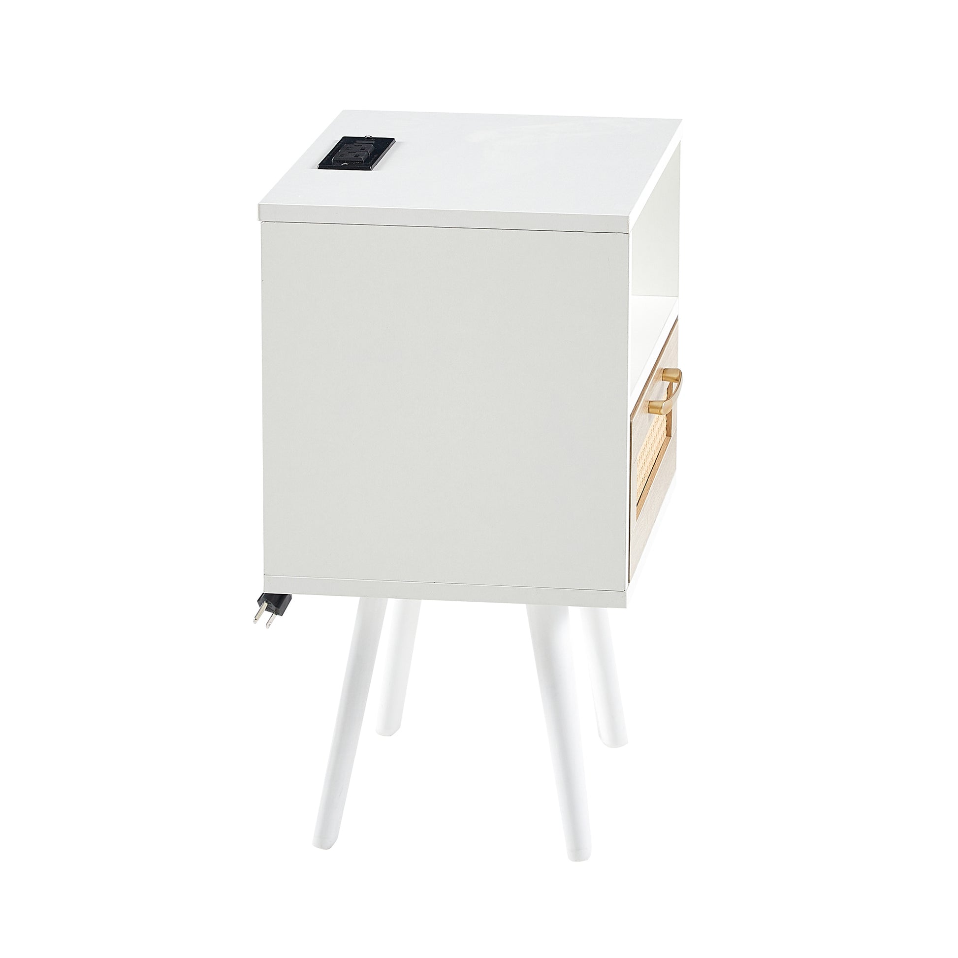 15.75" Rattan End Table With Power Outlet & Usb Portsmodern Nightstand With Drawer And Solid Wood Legs, Side Table For Living Room, Bedroom, White White Solid Wood Mdf