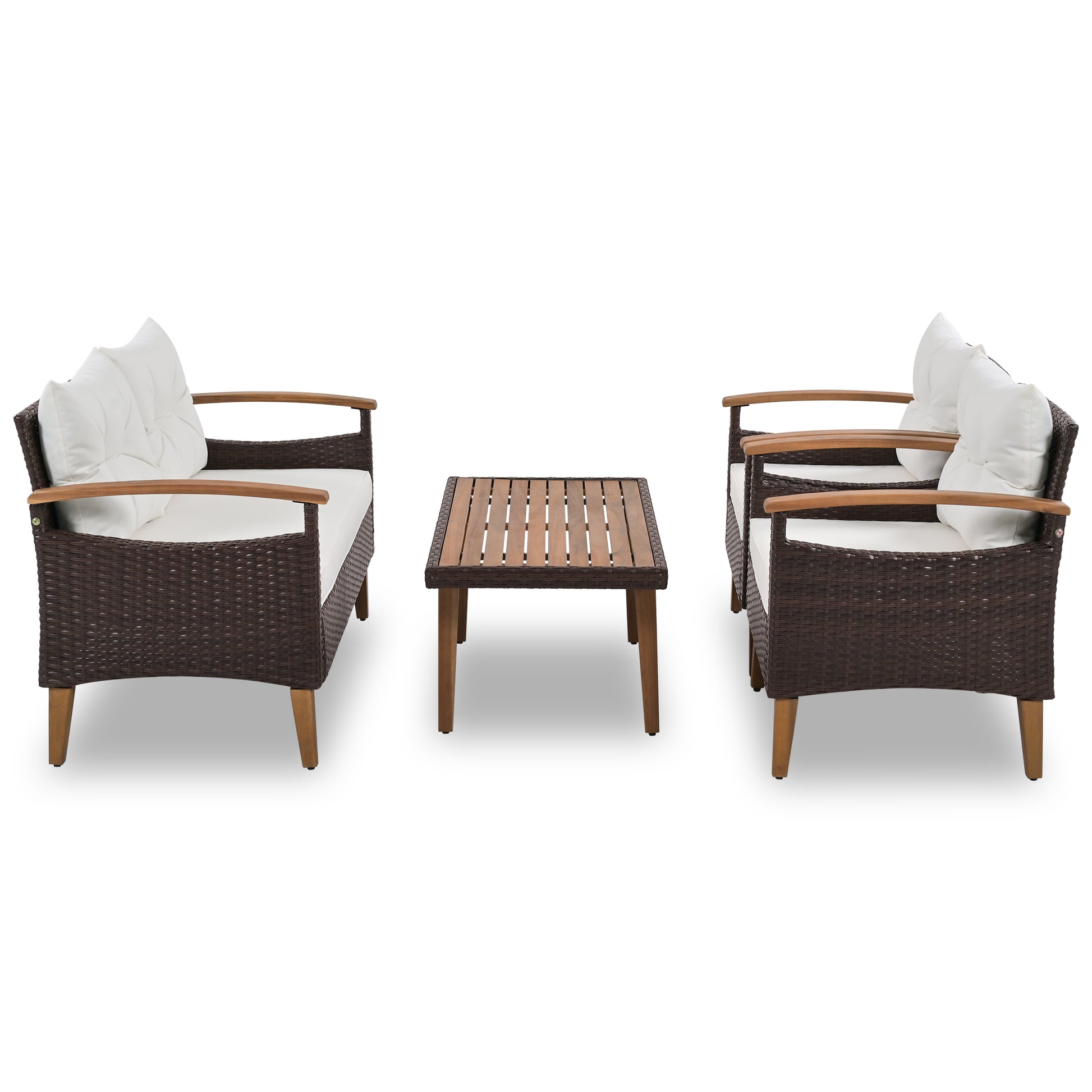 4 Piece Garden Furniture, Patio Seating Set, Pe Rattan Outdoor Sofa Set, Wood Table And Legs, Brown And Beige Yes Beige Polyurethane Foam Polyester,Wicker