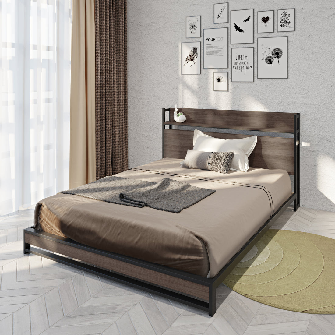Platform Queen Bed With Socket, Fast Assemble Design Black Steel