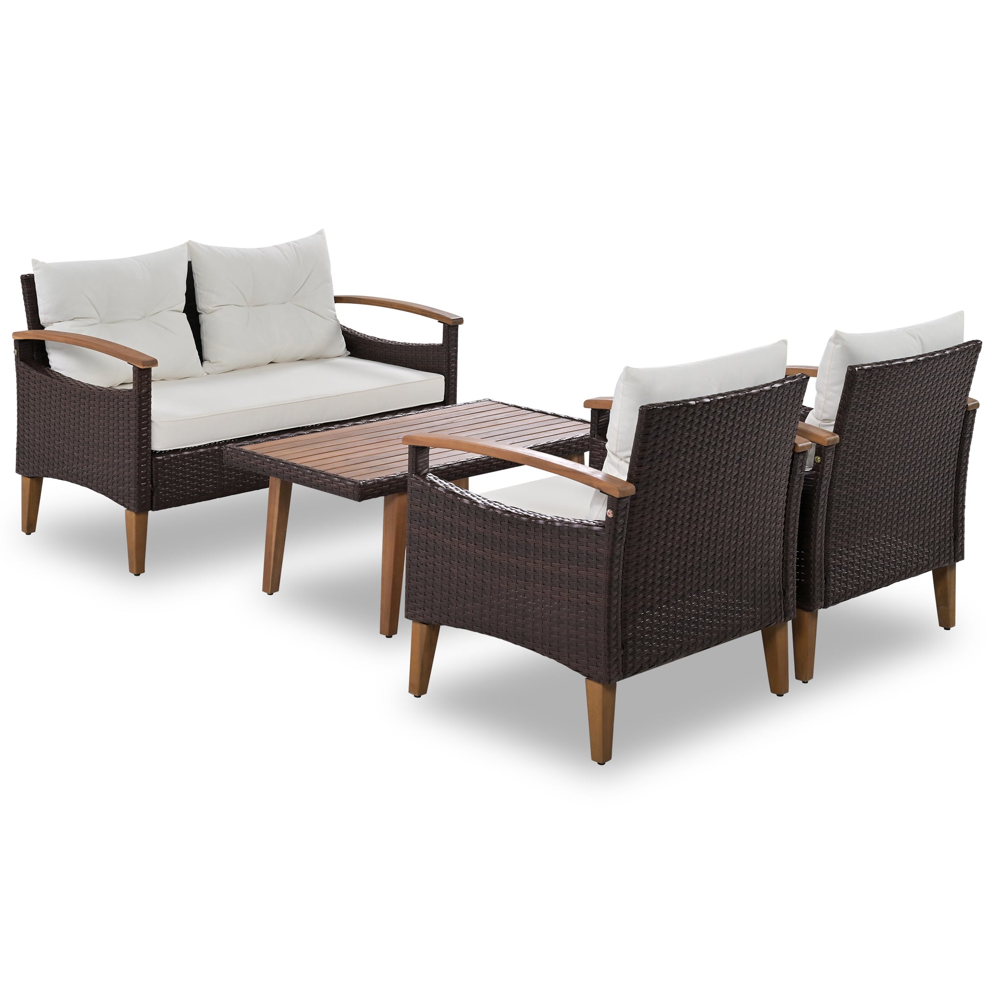 4 Piece Garden Furniture, Patio Seating Set, Pe Rattan Outdoor Sofa Set, Wood Table And Legs, Brown And Beige Yes Beige Polyurethane Foam Polyester,Wicker