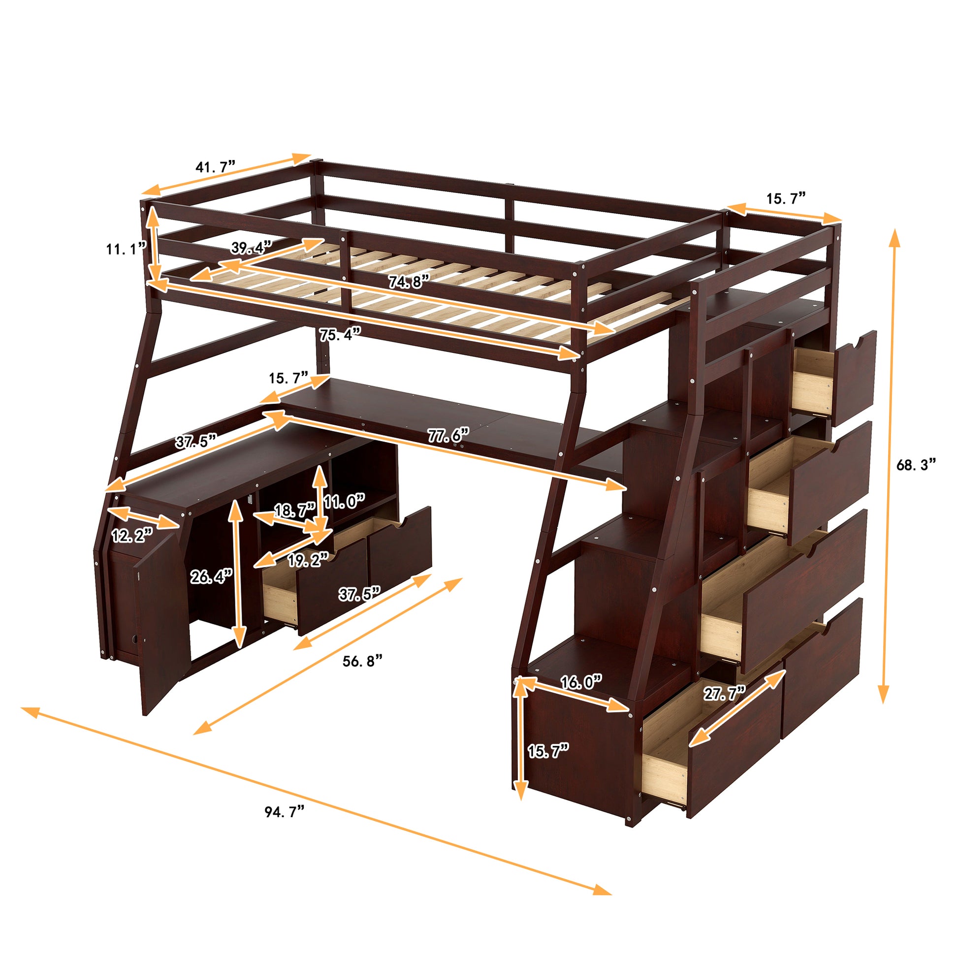 Twin Size Loft Bed With 7 Drawers 2 Shelves And Desk Espresso Espresso Plywood