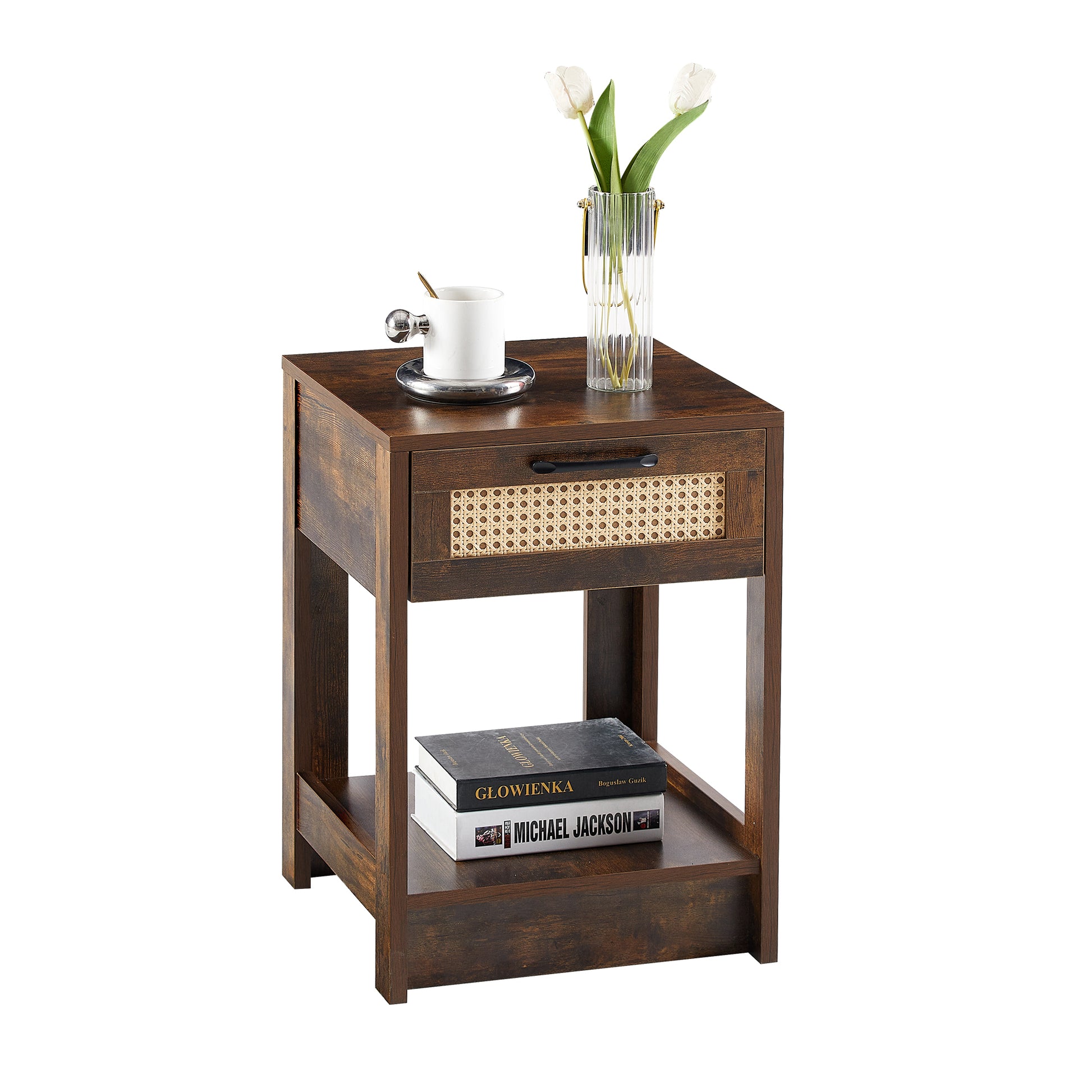 15.75" Rattan End Table With Drawer, Modern Nightstand, Side Table For Living Room, Bedroom,Rustic Brown Rustic Brown Mdf