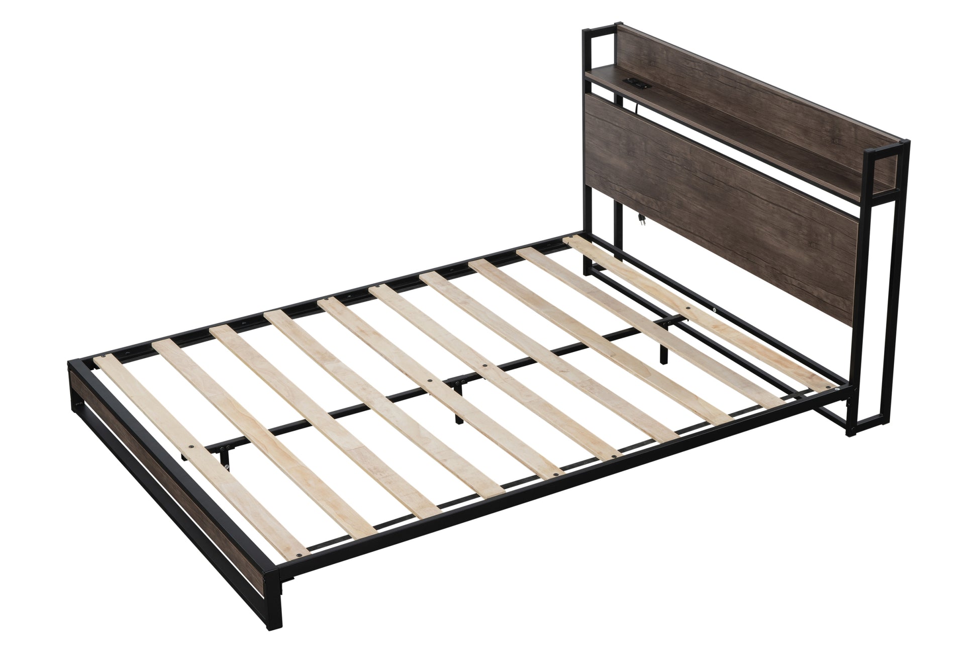 Platform Queen Bed With Socket, Fast Assemble Design Black Steel