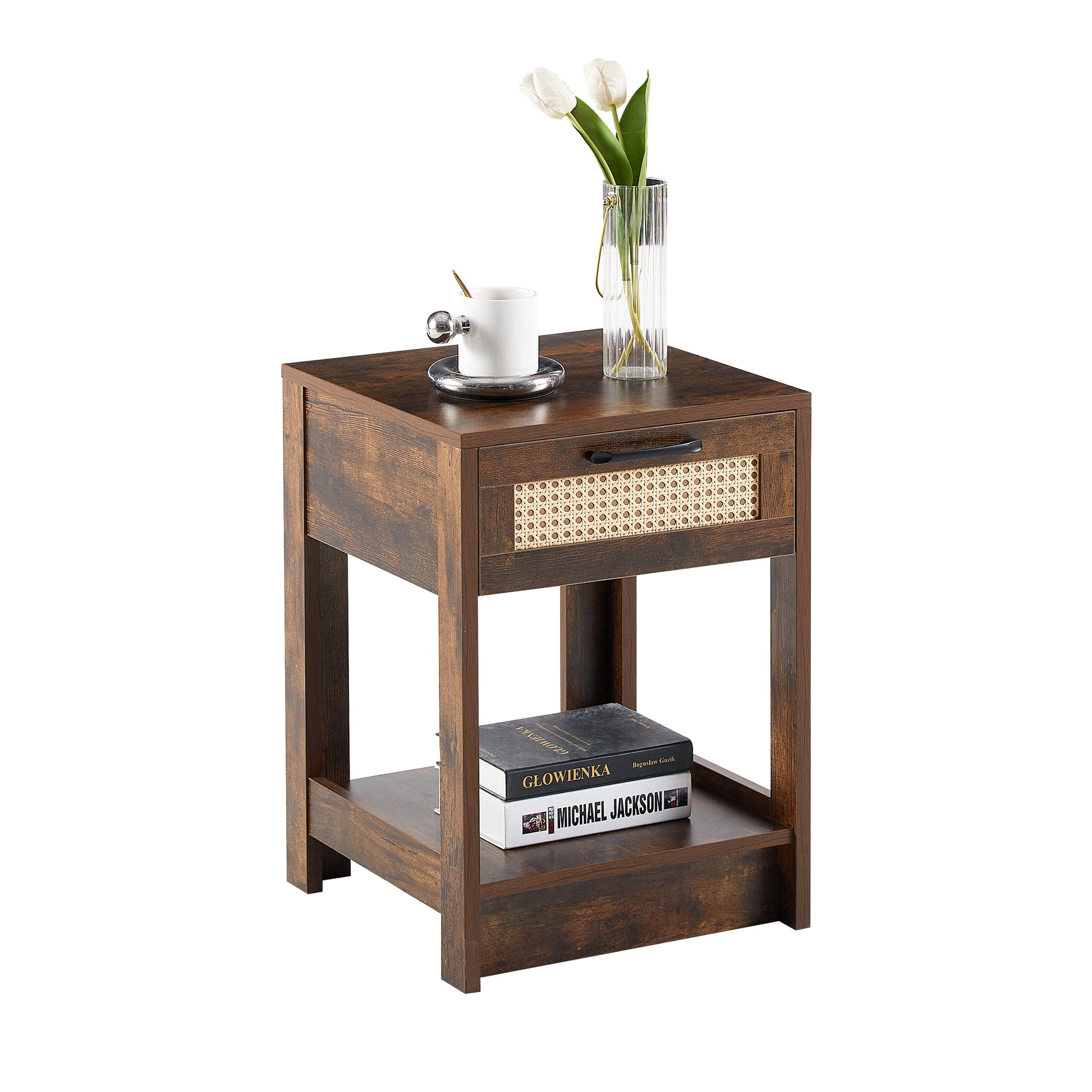 15.75" Rattan End Table With Drawer, Modern Nightstand, Side Table For Living Room, Bedroom,Rustic Brown Rustic Brown Mdf