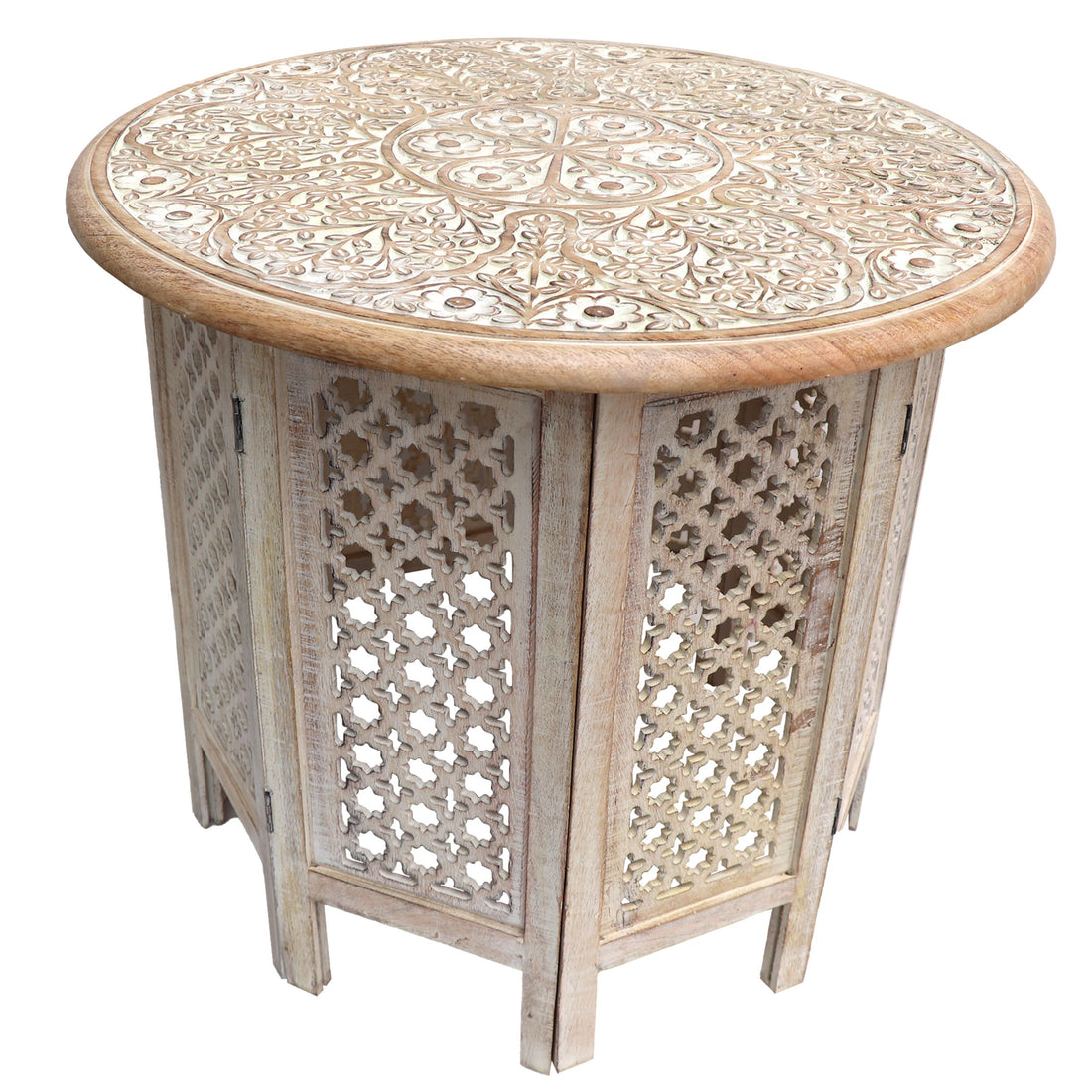 Mesh Cut Out Carved Mango Wood Octagonal Folding Table With Round Top, Antique White And Brown Brown White Solid Wood