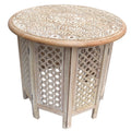 Mesh Cut Out Carved Mango Wood Octagonal Folding Table With Round Top, Antique White And Brown Brown White Solid Wood