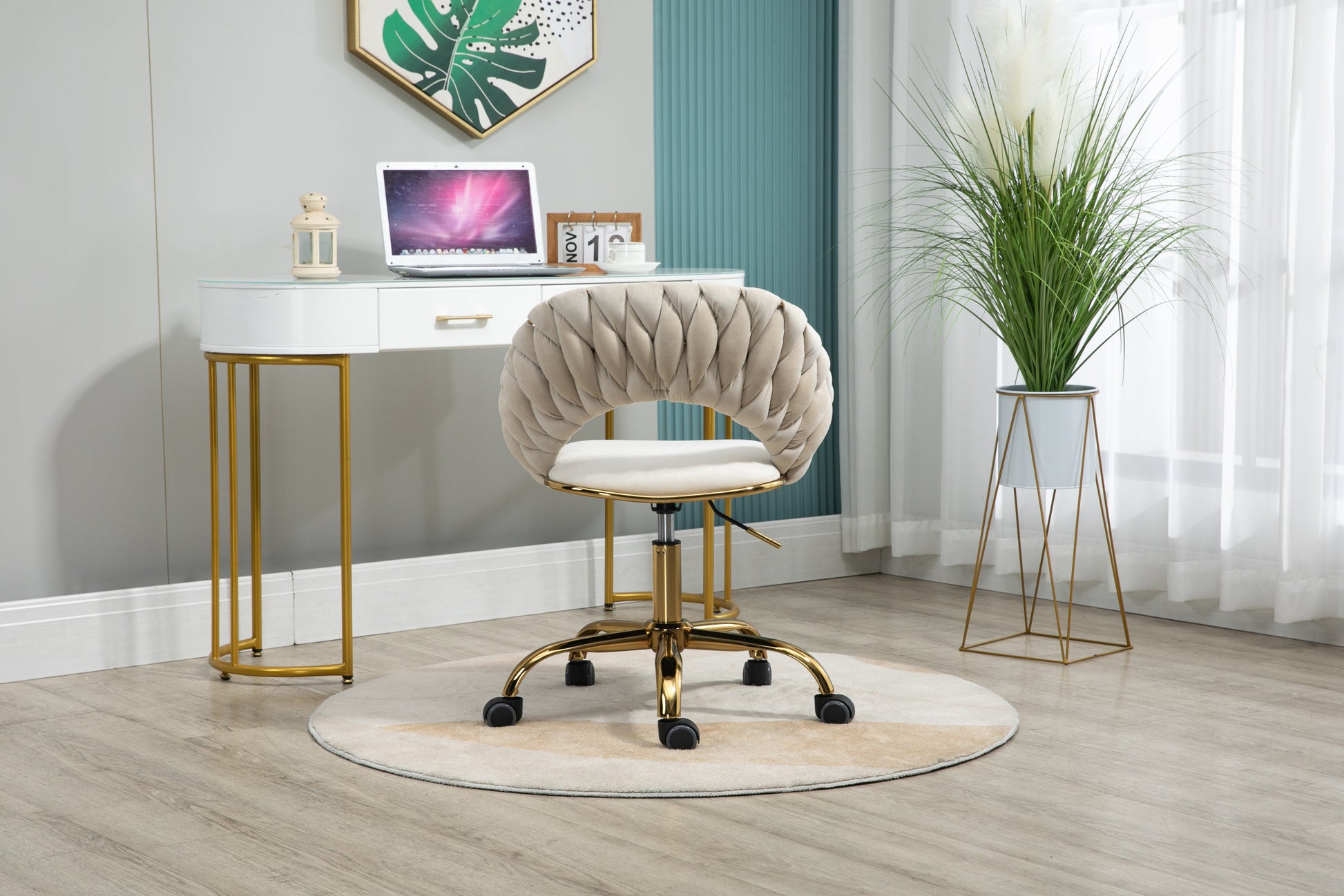 Coolmore Computer Chair Office Chair Adjustable Swivel Chair Fabric Seat Home Study Chair Ivory Polyester