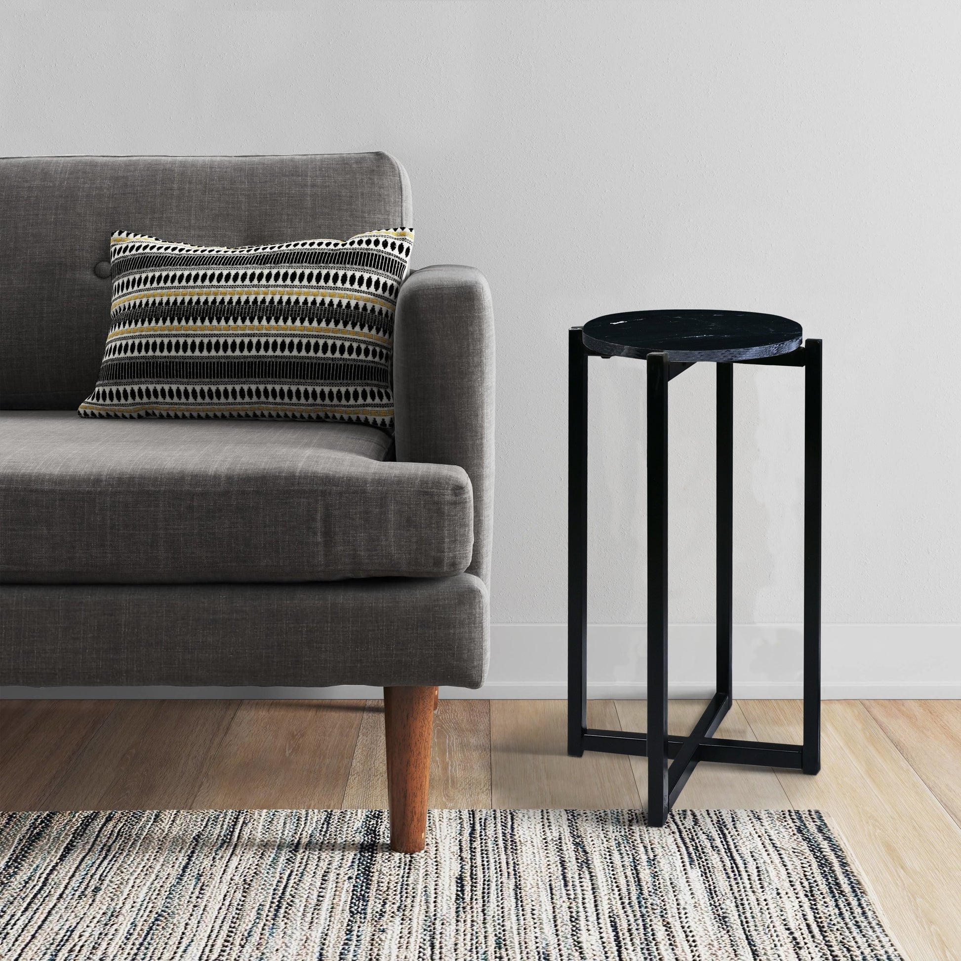 Ivy 24.5 Inch Round Marble Top Accent Side Table With Metal Frame, Black Black Iron