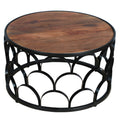32 Inch Round Coffee Table, Mango Wood Top, Lattice Cut Out Metal Frame, Brown, Black Walnut Black Metal & Wood