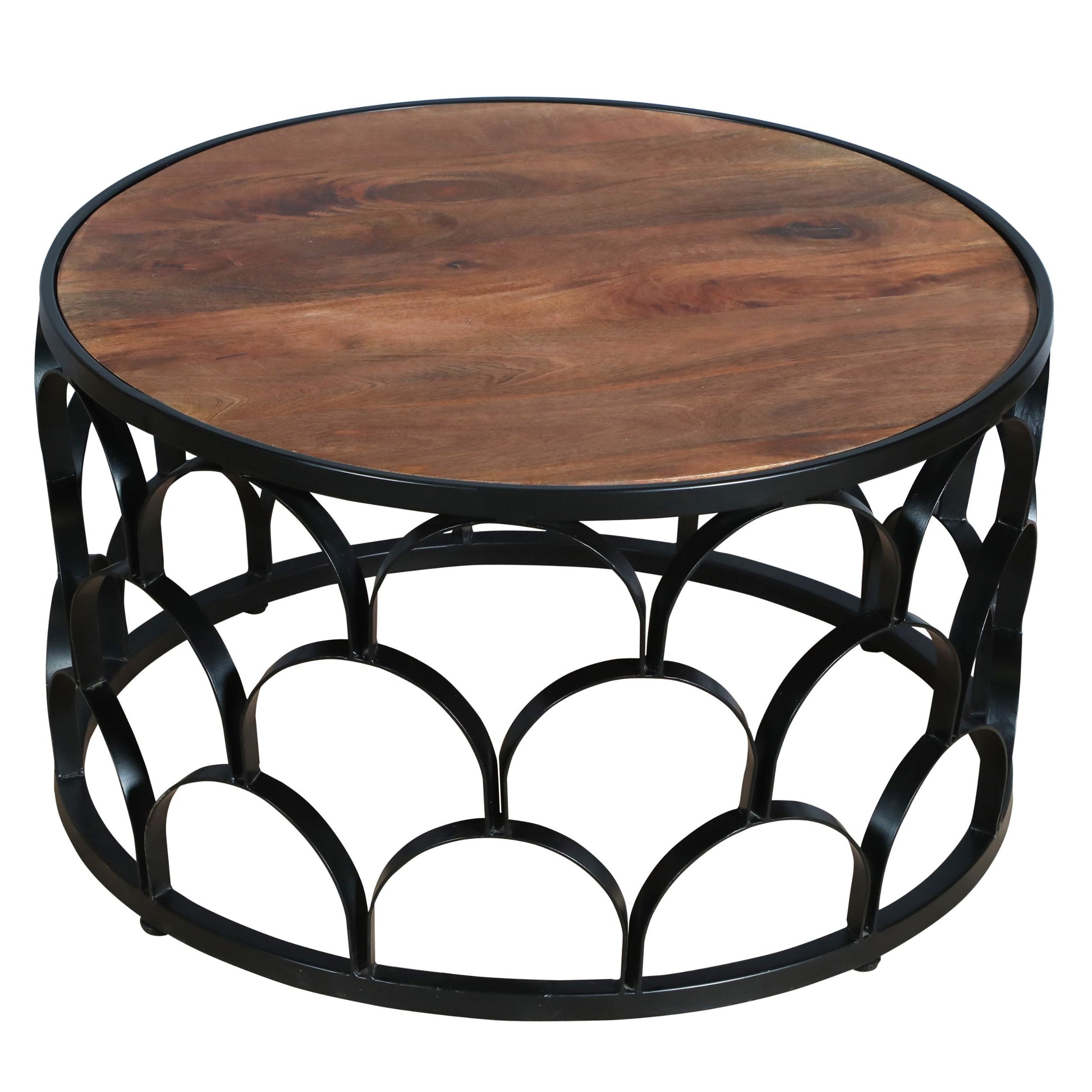 32 Inch Round Coffee Table, Mango Wood Top, Lattice Cut Out Metal Frame, Brown, Black Walnut Black Metal & Wood