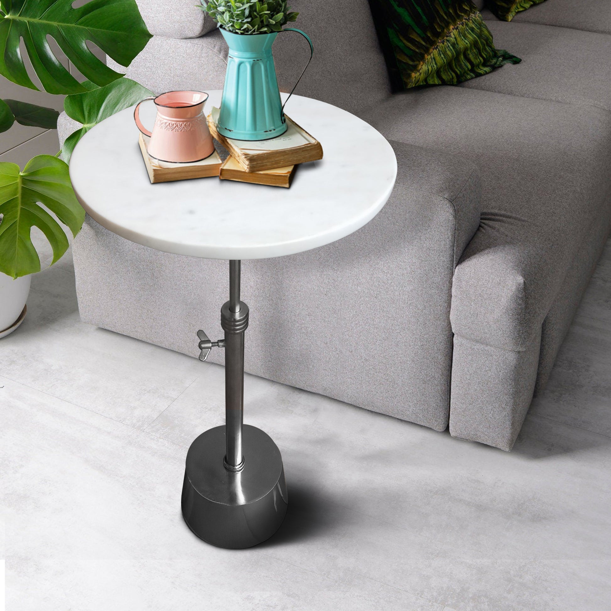 Aluminum Frame Round Side Table With Marble Top And Adjustable Height, White And Silver White Aluminum