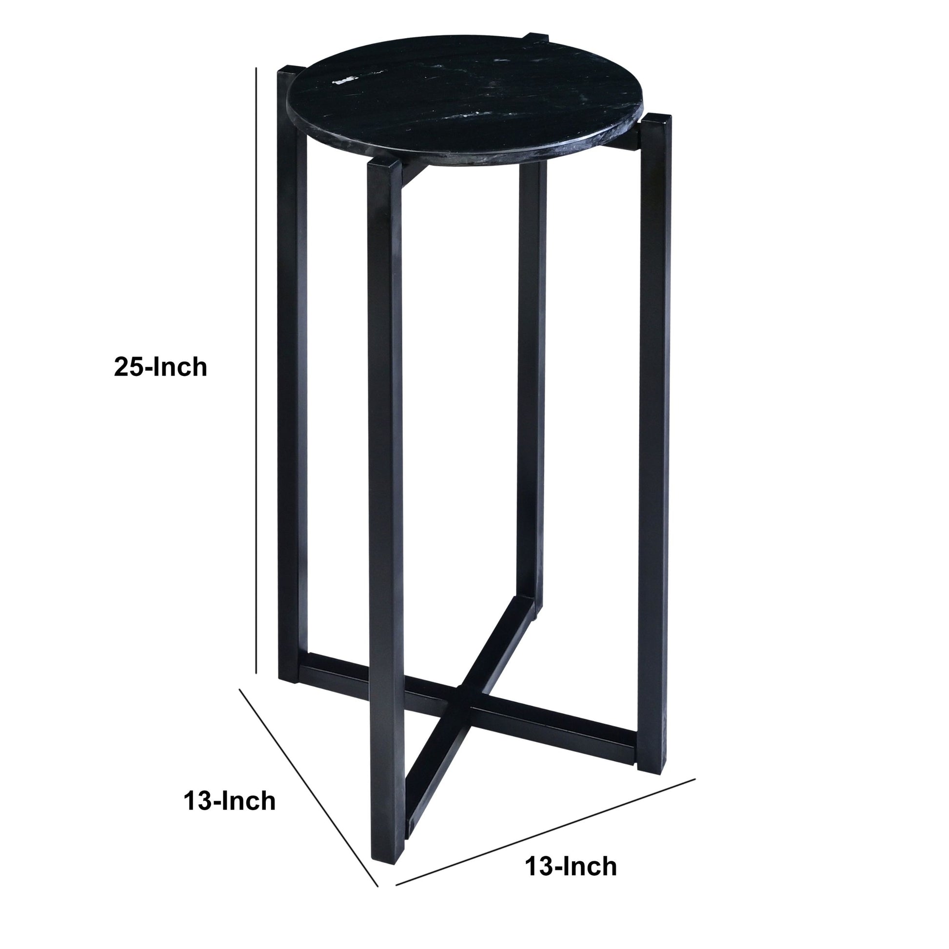 Ivy 24.5 Inch Round Marble Top Accent Side Table With Metal Frame, Black Black Iron