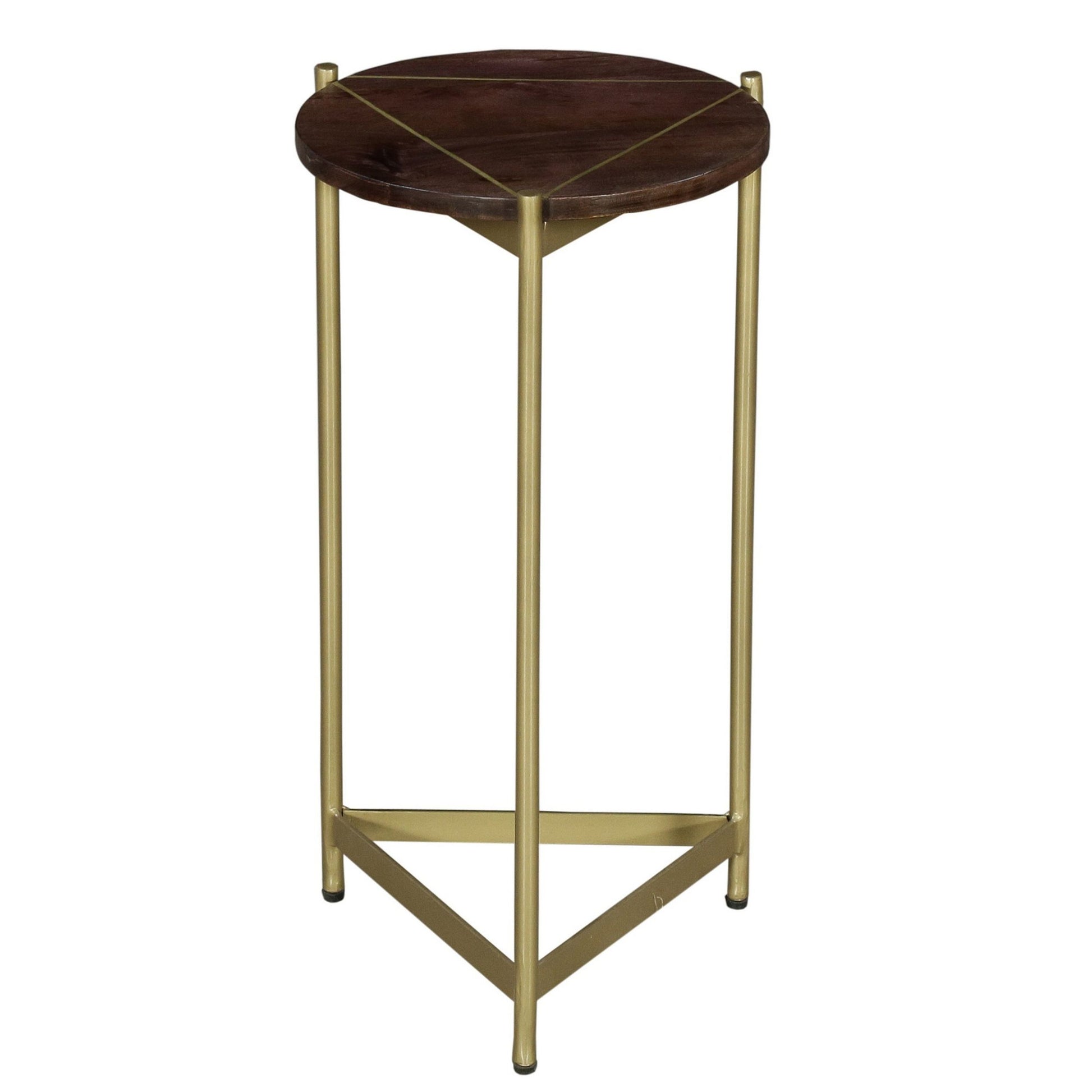 Brita 12 Inch Cocktail Accent Table, Round Wood Top, Triangular Gold Base, Brown, Brass Golden White Metal & Wood
