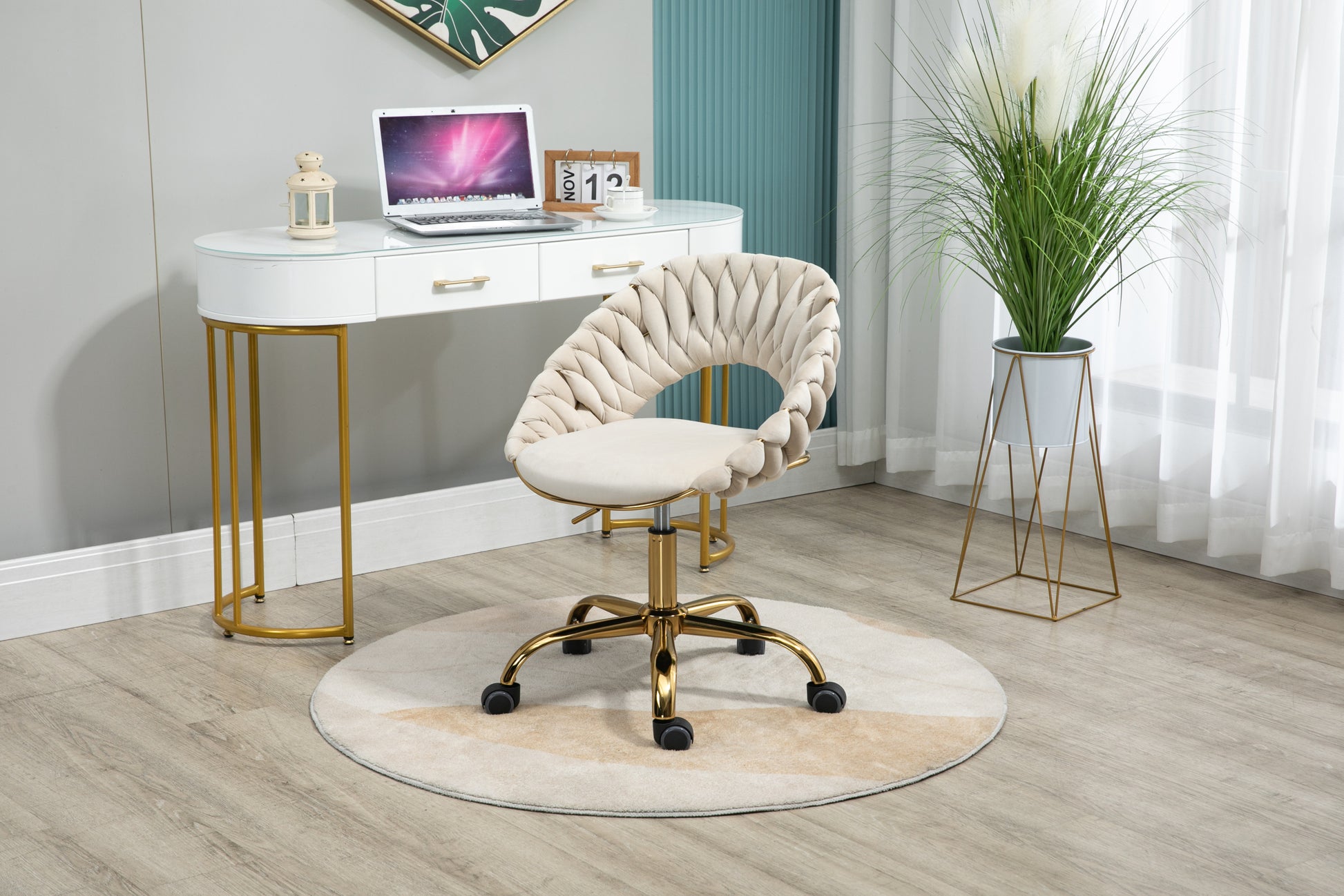 Coolmore Computer Chair Office Chair Adjustable Swivel Chair Fabric Seat Home Study Chair Ivory Polyester