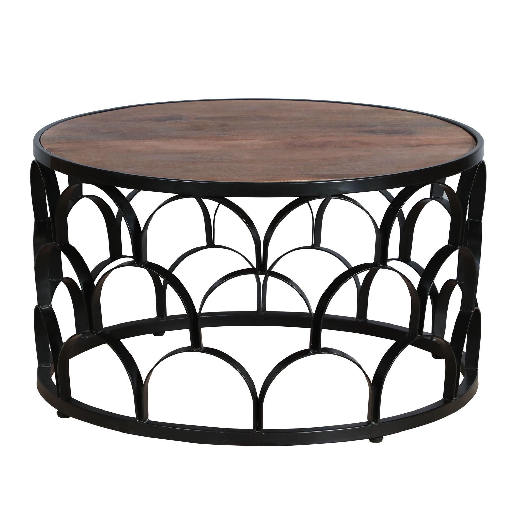 32 Inch Round Coffee Table, Mango Wood Top, Lattice Cut Out Metal Frame, Brown, Black Walnut Black Metal & Wood