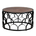 32 Inch Round Coffee Table, Mango Wood Top, Lattice Cut Out Metal Frame, Brown, Black Walnut Black Metal & Wood