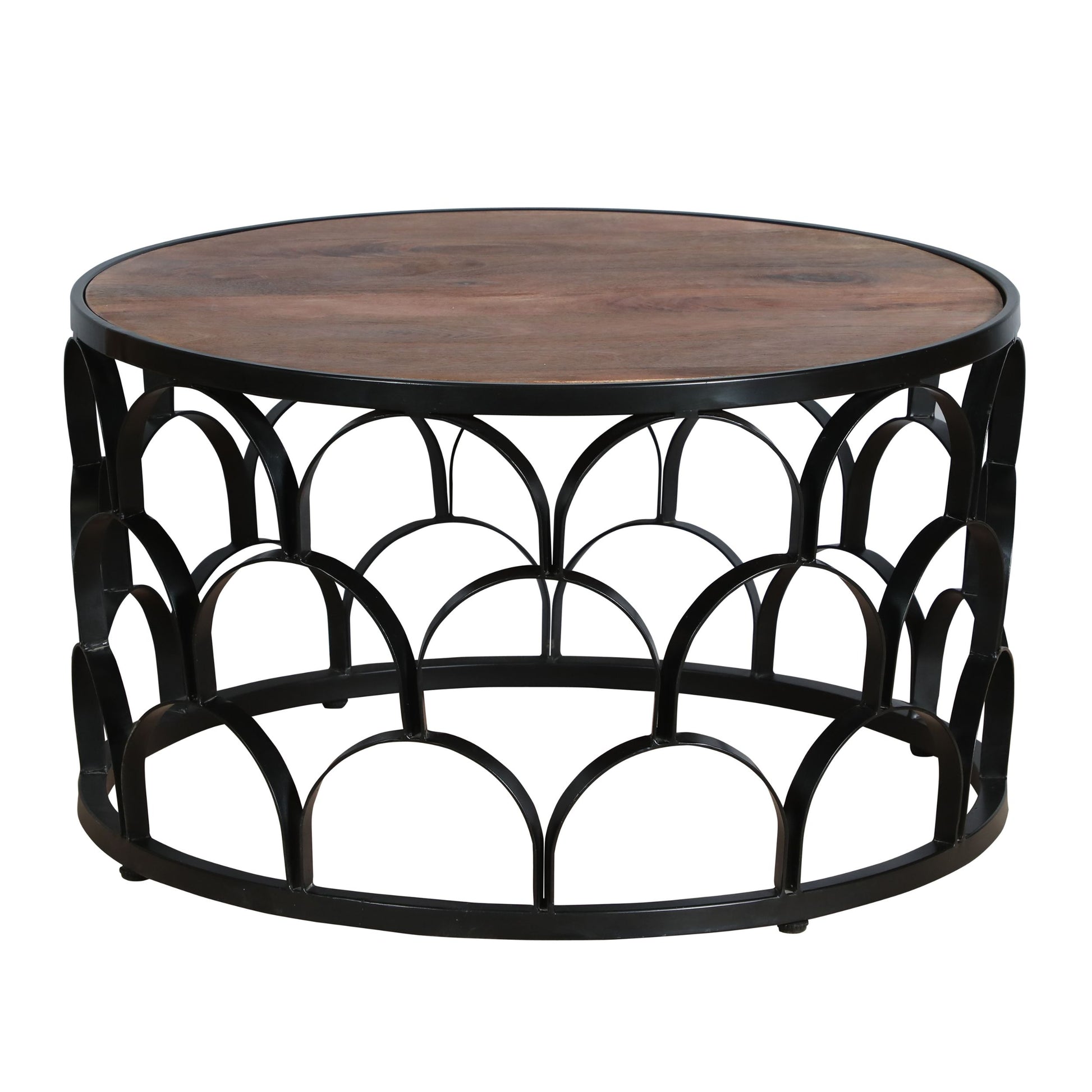 32 Inch Round Coffee Table, Mango Wood Top, Lattice Cut Out Metal Frame, Brown, Black Walnut Black Metal & Wood