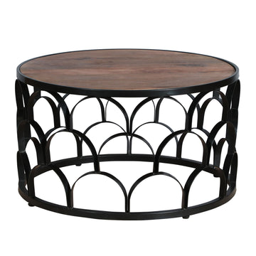 32 Inch Round Coffee Table, Mango Wood Top, Lattice Cut Out Metal Frame, Brown, Black Walnut Black Metal & Wood