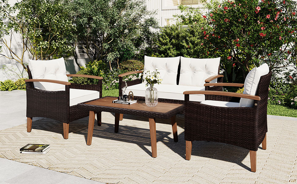 4 Piece Garden Furniture, Patio Seating Set, Pe Rattan Outdoor Sofa Set, Wood Table And Legs, Brown And Beige Yes Beige Polyurethane Foam Polyester,Wicker