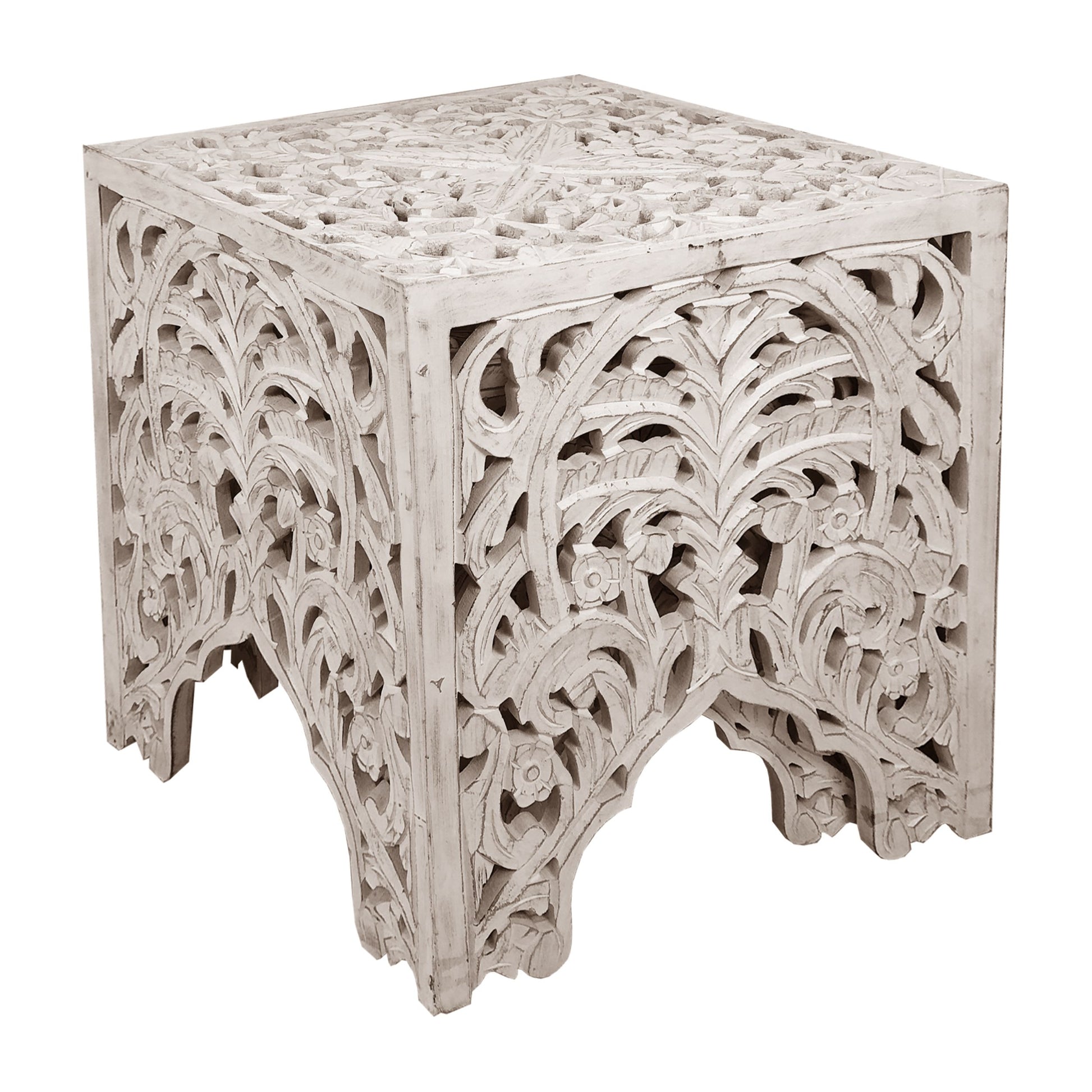 Wooden End Table With Floral Cut Out Design, Set Of 2, Antique White White Solid Wood