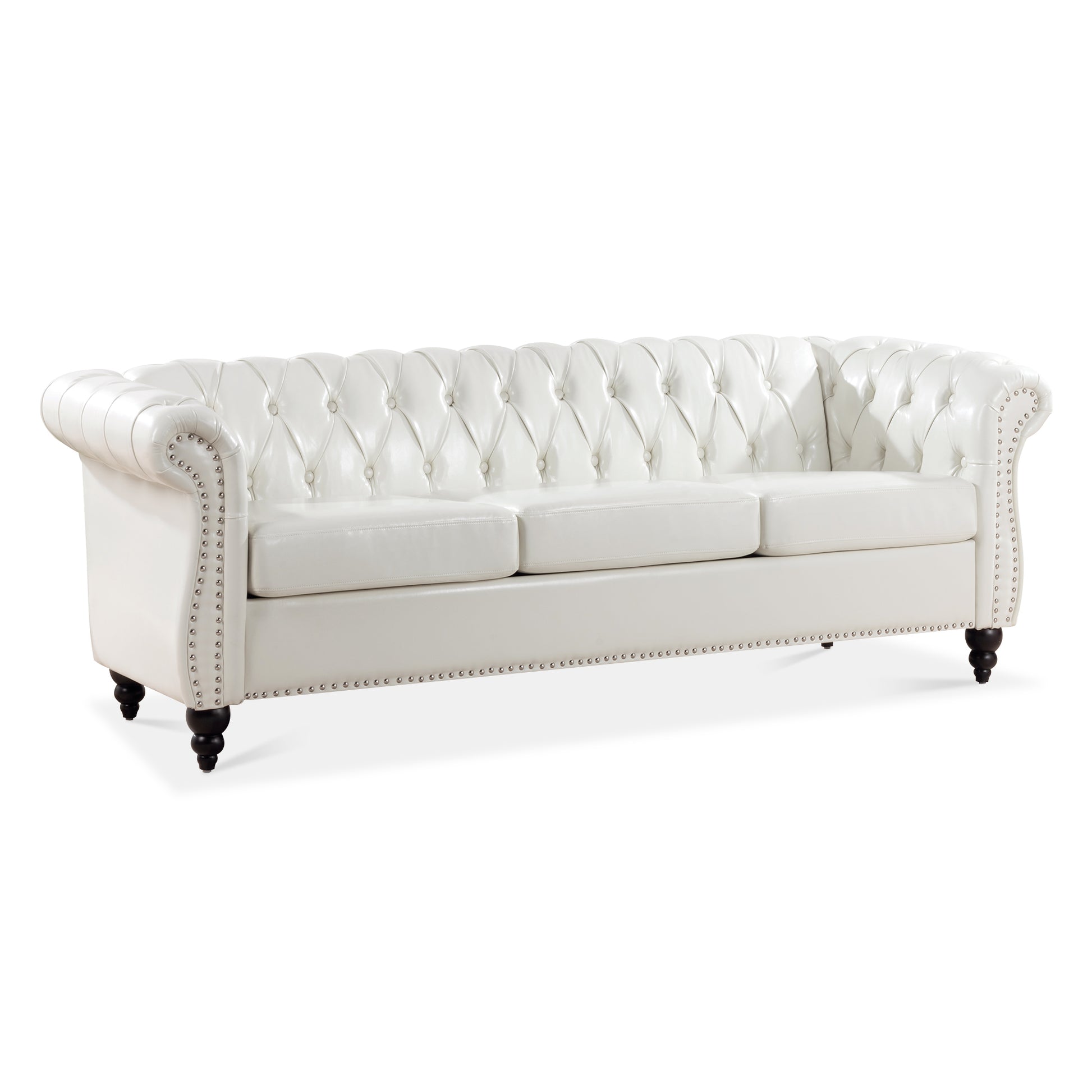 84.65" Rolled Arm Chesterfield 3 Seater Sofa White Foam Pu