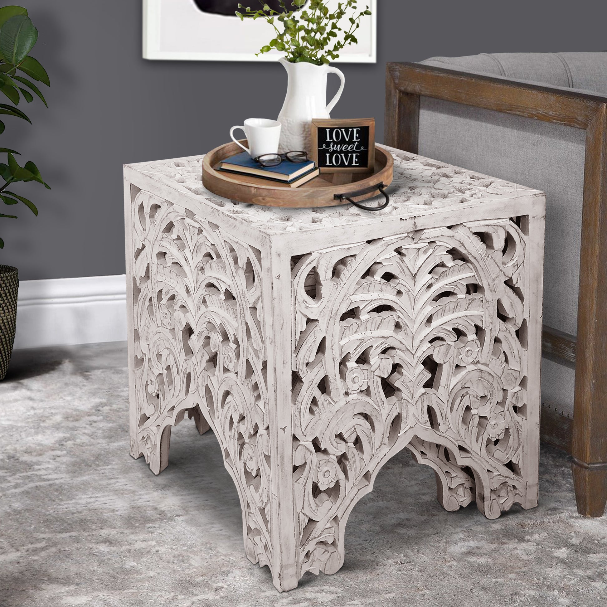 Wooden End Table With Floral Cut Out Design, Set Of 2, Antique White White Solid Wood