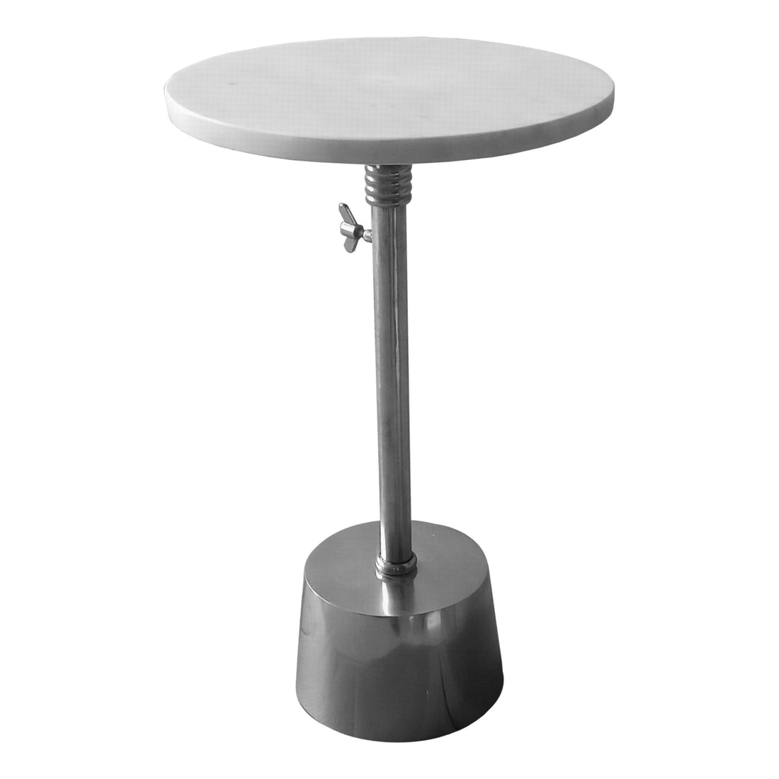 Aluminum Frame Round Side Table With Marble Top And Adjustable Height, White And Silver White Aluminum